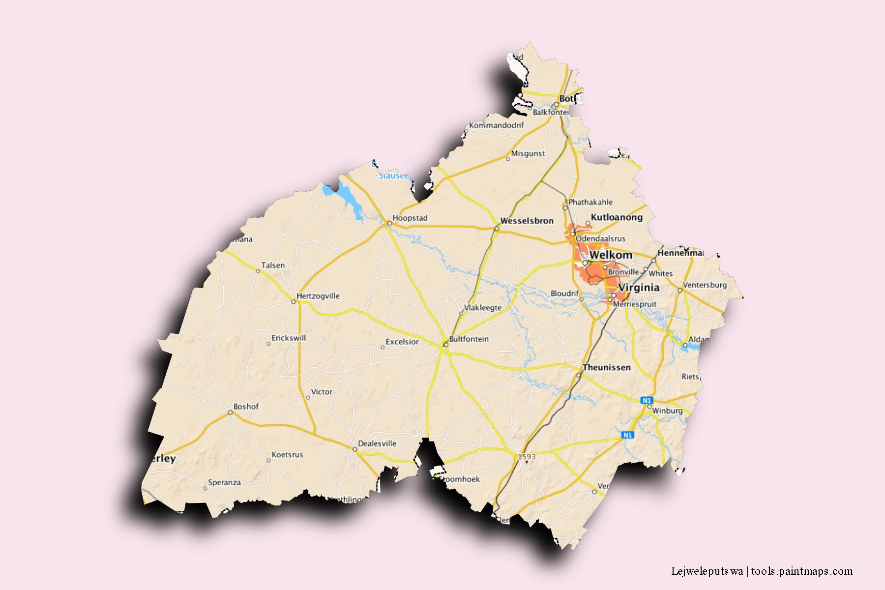 Mapa de barrios y pueblos de Lejweleputswa con efecto de sombra 3D