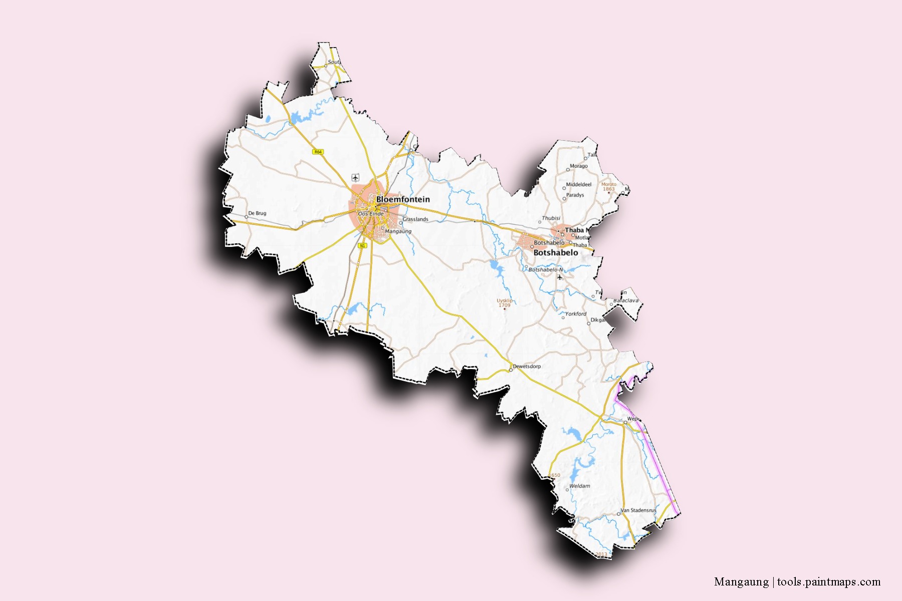 Mapa de barrios y pueblos de Mangaung con efecto de sombra 3D