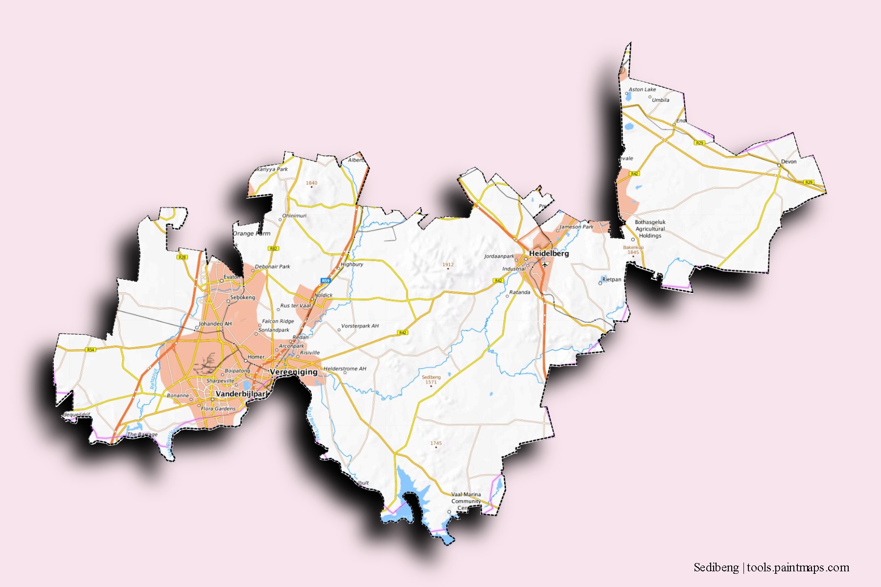 Sedibeng neighborhoods and villages map with 3D shadow effect