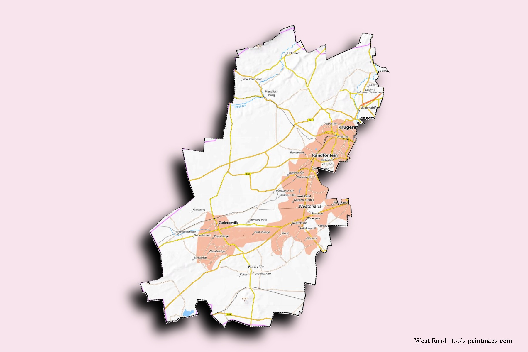 Mapa de barrios y pueblos de West Rand con efecto de sombra 3D