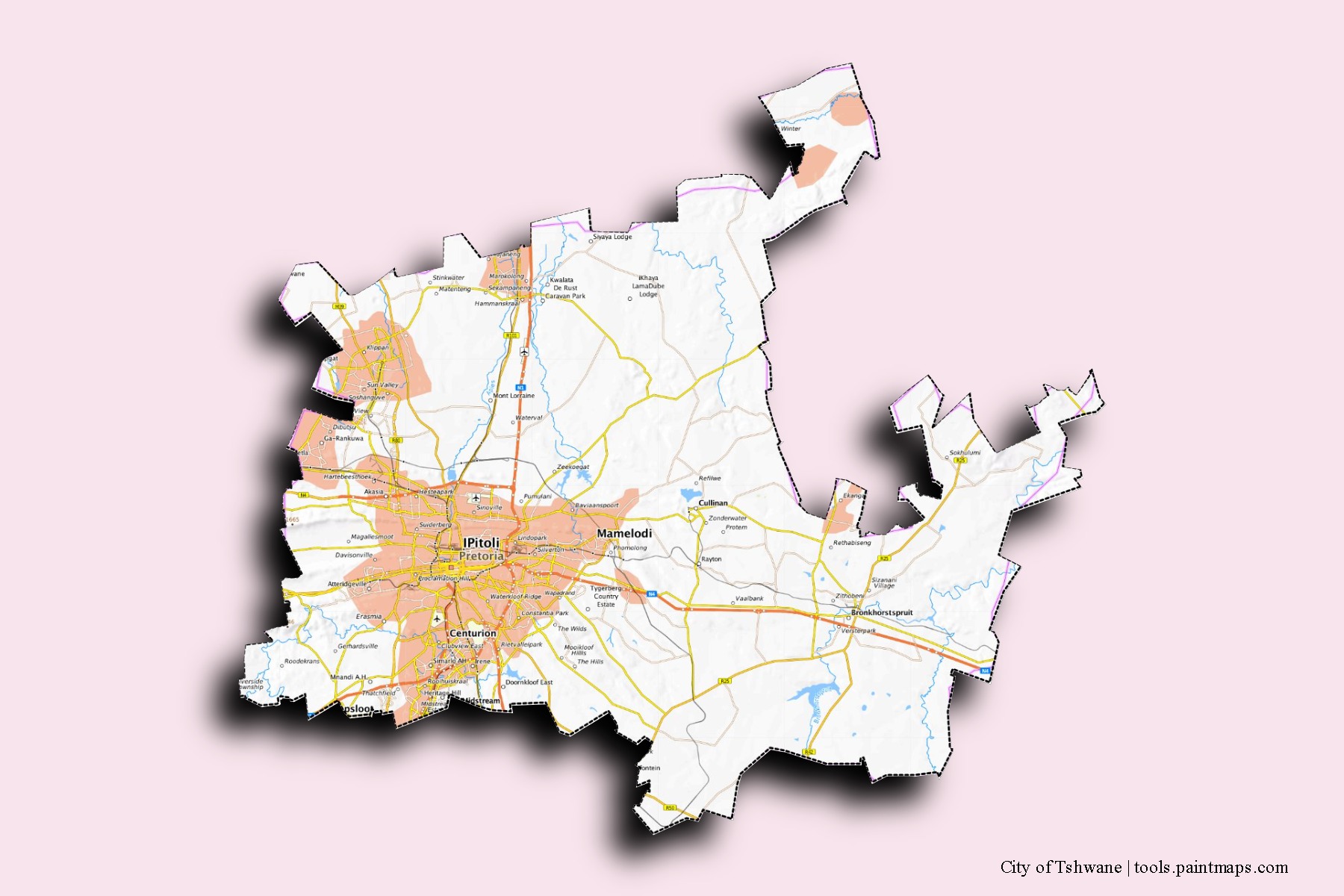 City of Tshwane neighborhoods and villages map with 3D shadow effect