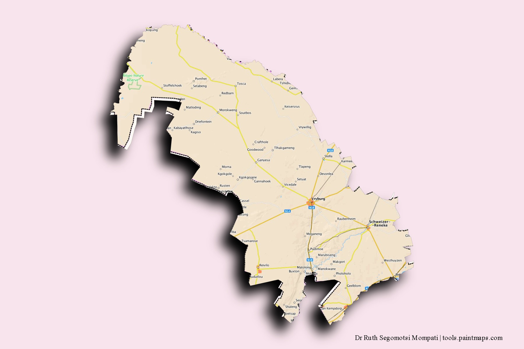 Dr Ruth Segomotsi Mompati neighborhoods and villages map with 3D shadow effect