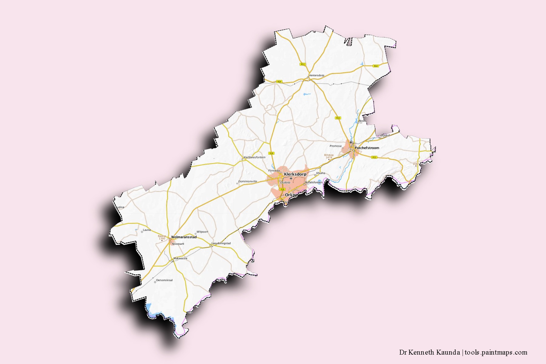 Dr Kenneth Kaunda neighborhoods and villages map with 3D shadow effect