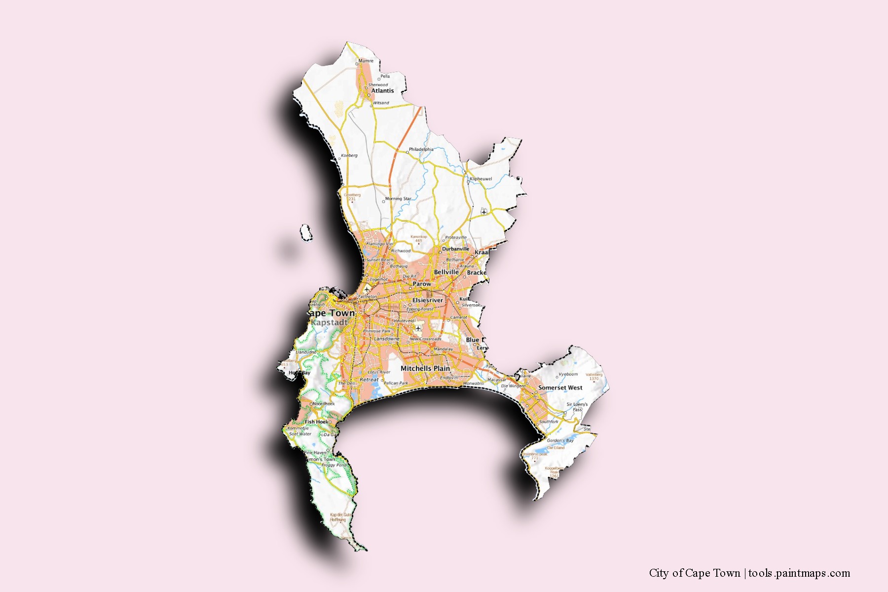 City of Cape Town neighborhoods and villages map with 3D shadow effect