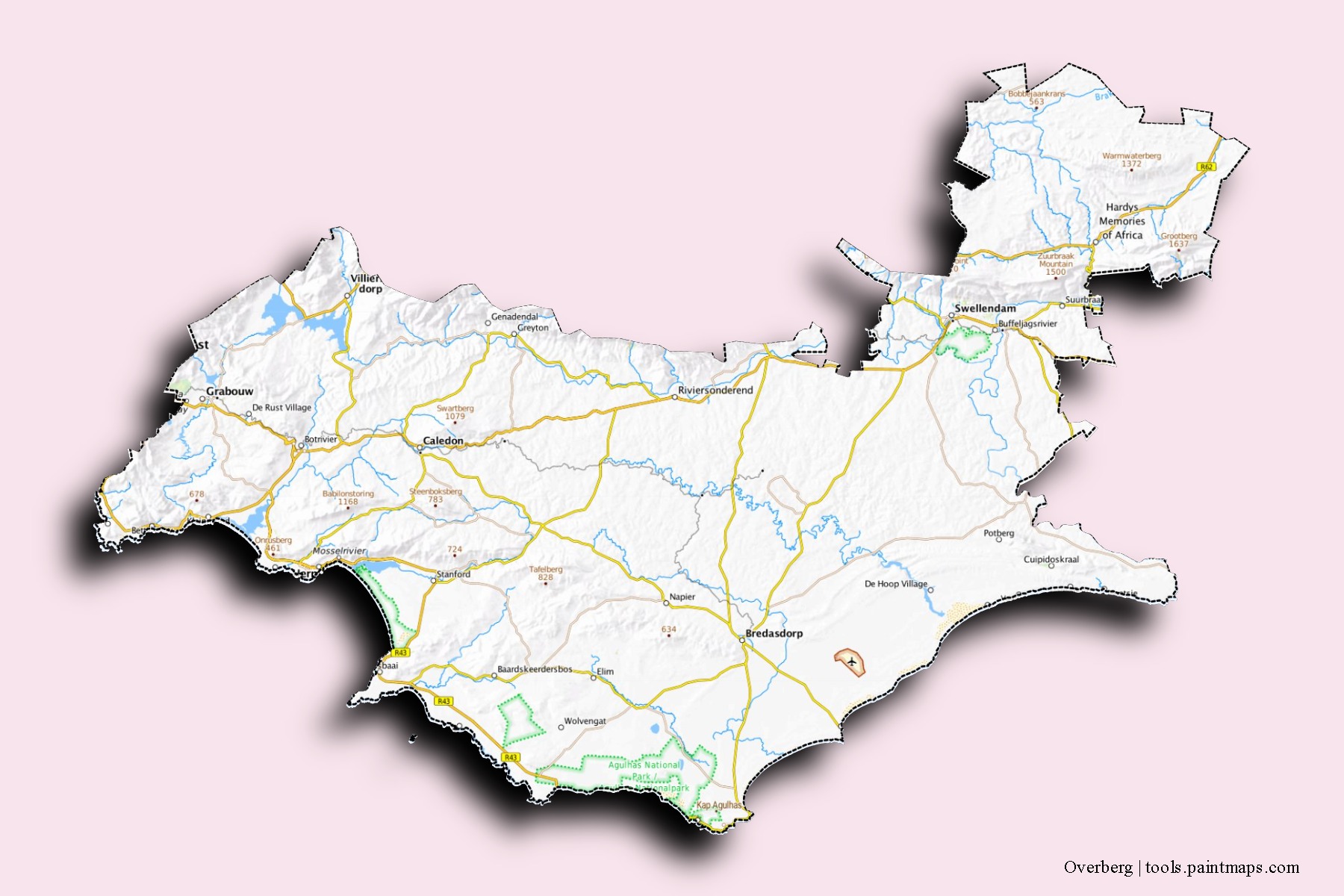 Mapa de barrios y pueblos de Overberg con efecto de sombra 3D