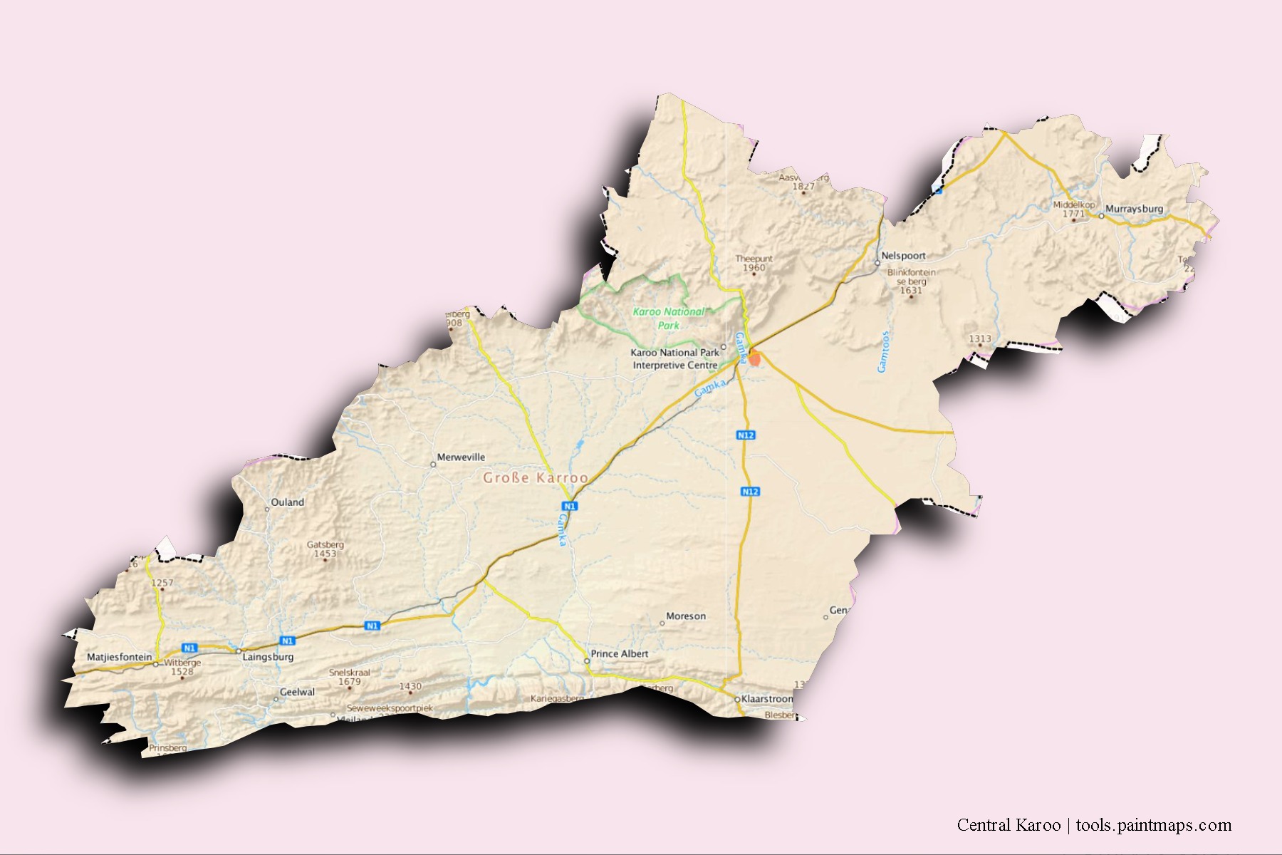 Central Karoo neighborhoods and villages map with 3D shadow effect