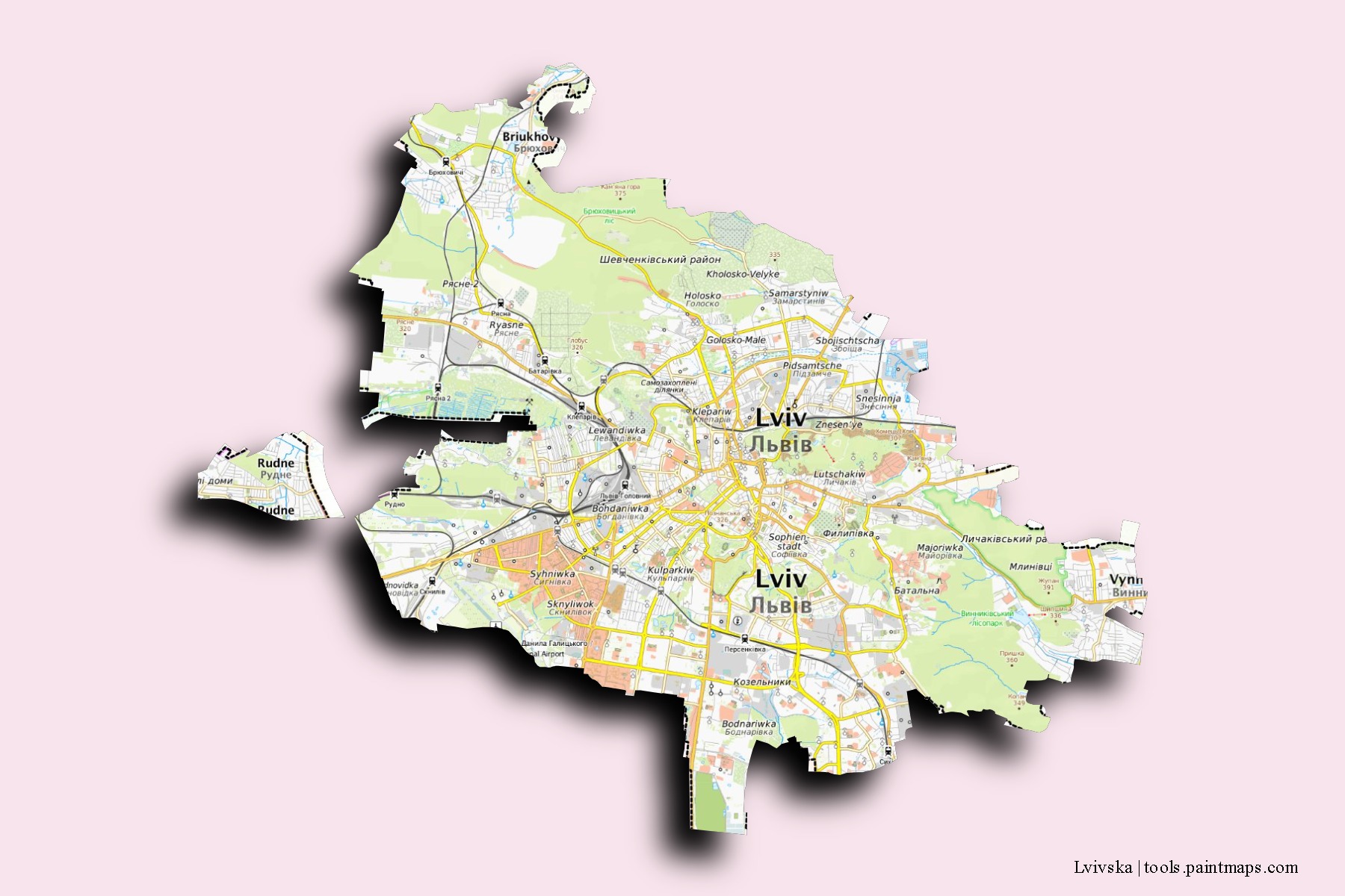 Mapa de barrios y pueblos de Lvivska con efecto de sombra 3D