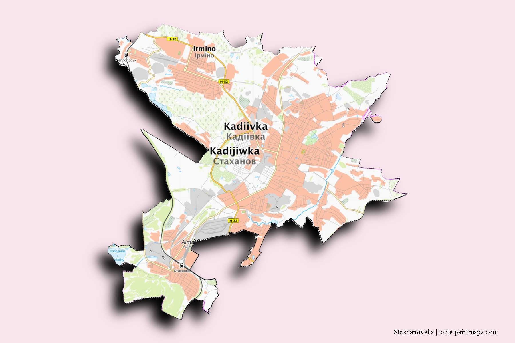 3D gölge efektli Stakhanovska mahalleleri ve köyleri haritası