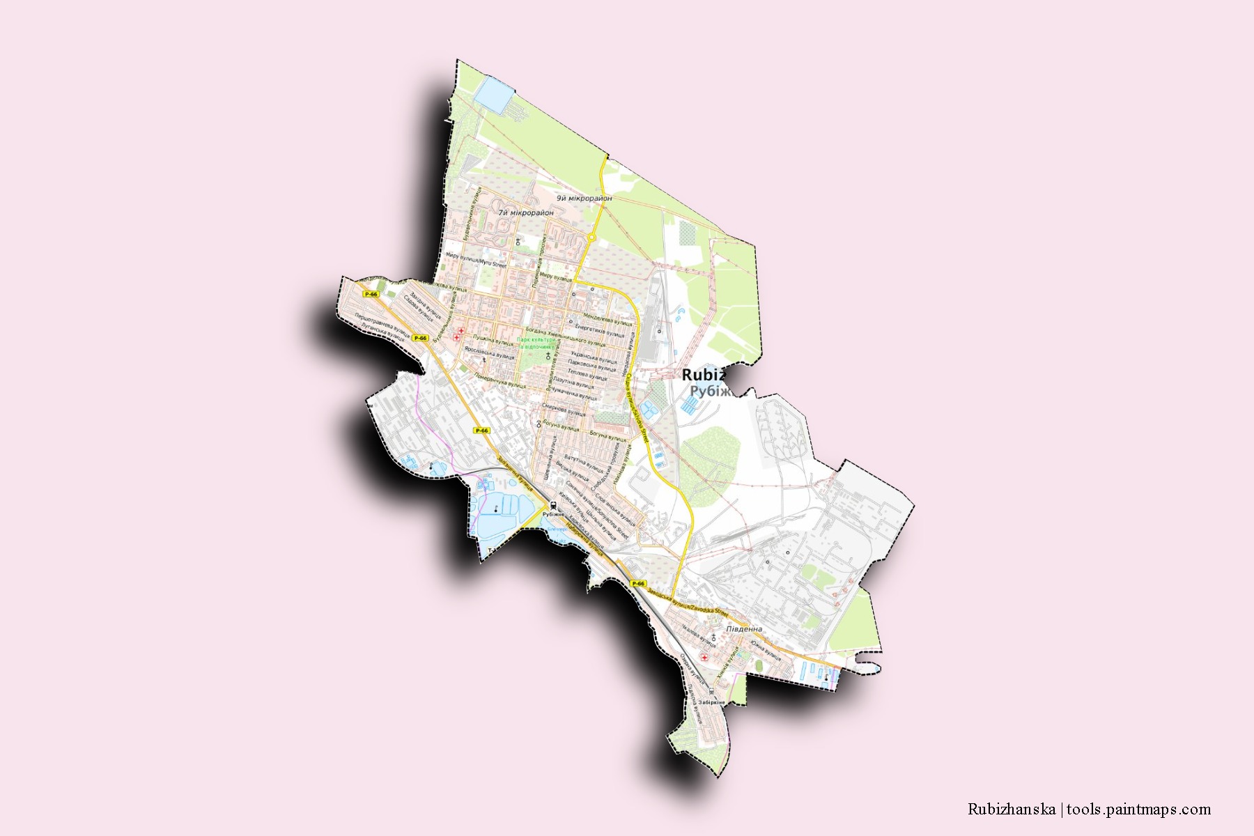 Mapa de barrios y pueblos de Rubizhanska con efecto de sombra 3D