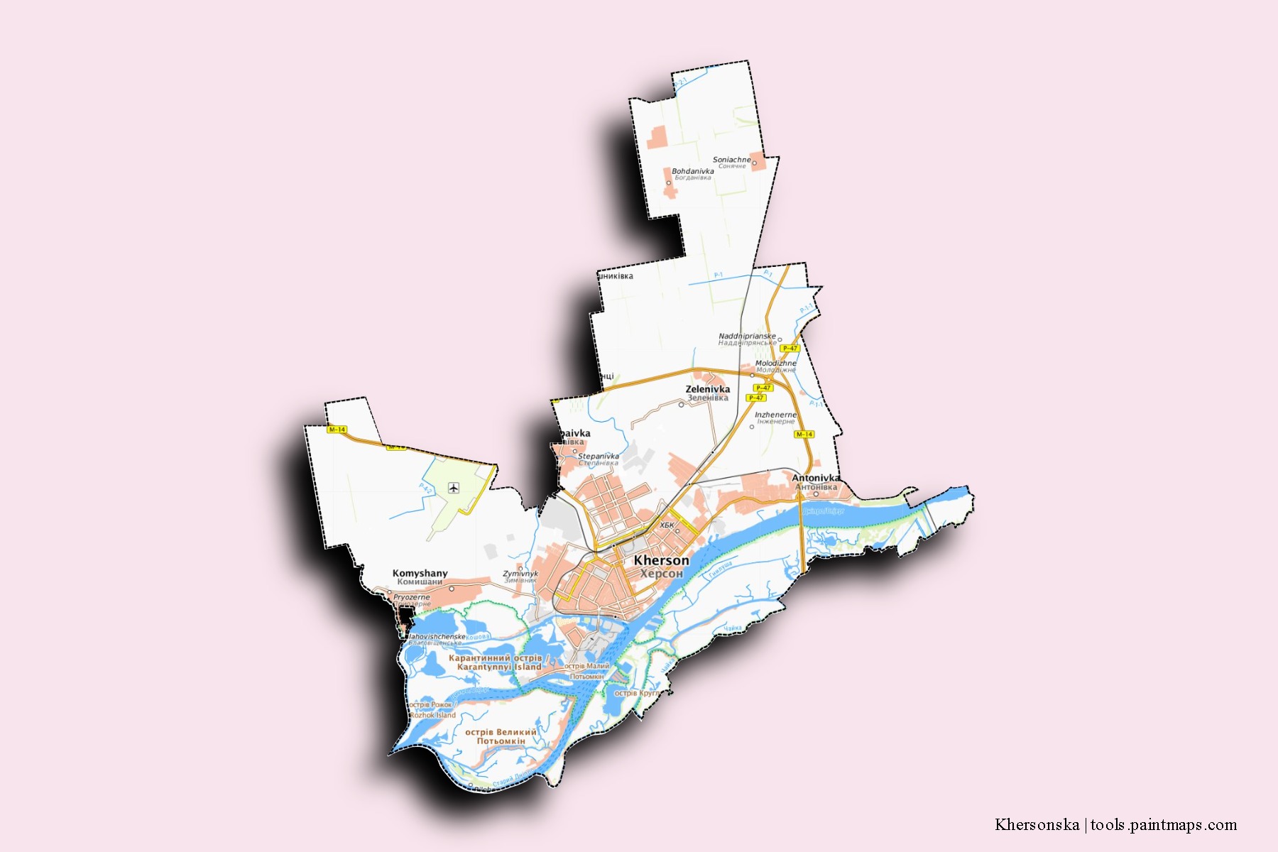 Mapa de barrios y pueblos de Khersonska con efecto de sombra 3D