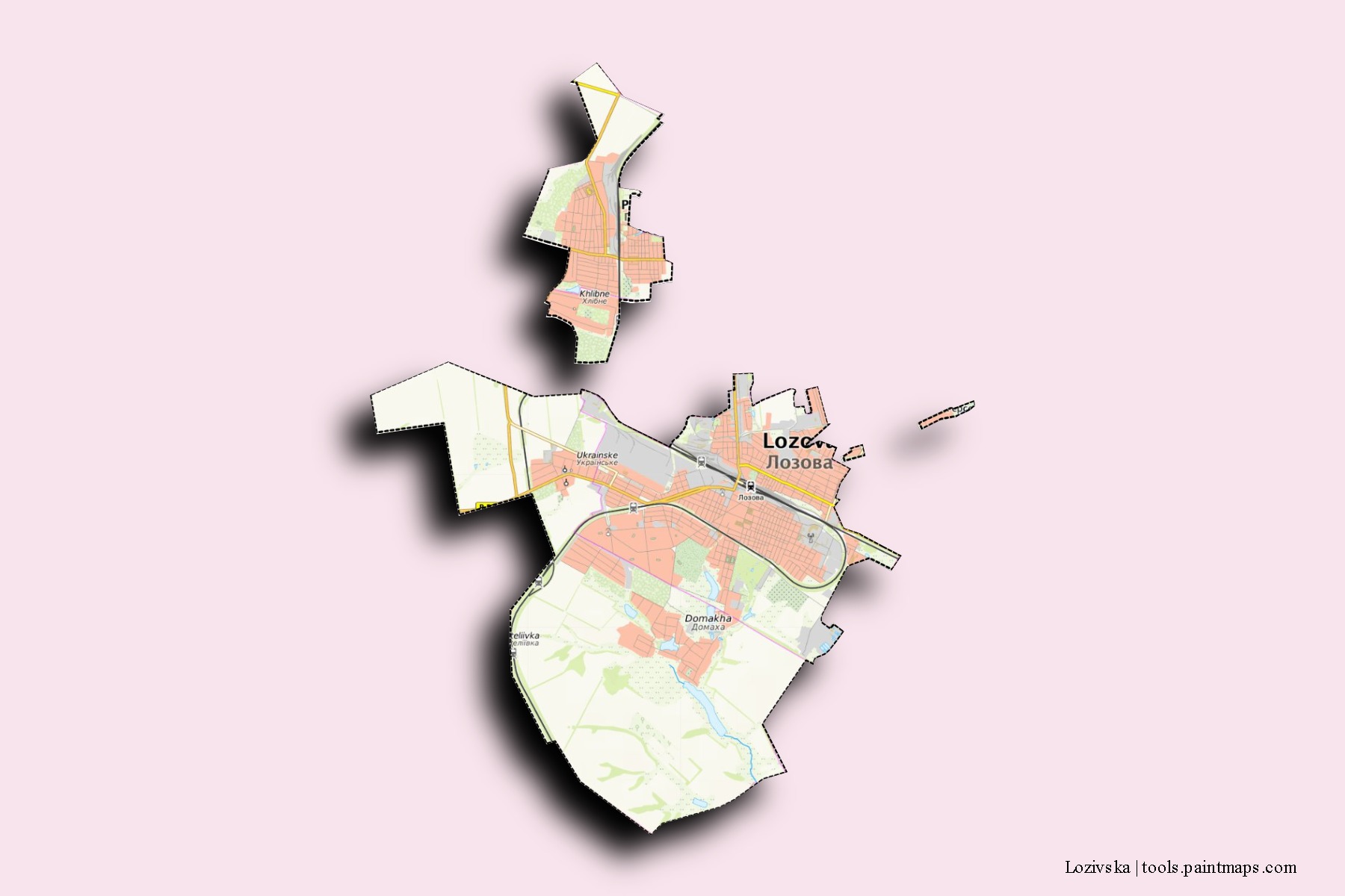 Mapa de barrios y pueblos de Lozivska con efecto de sombra 3D