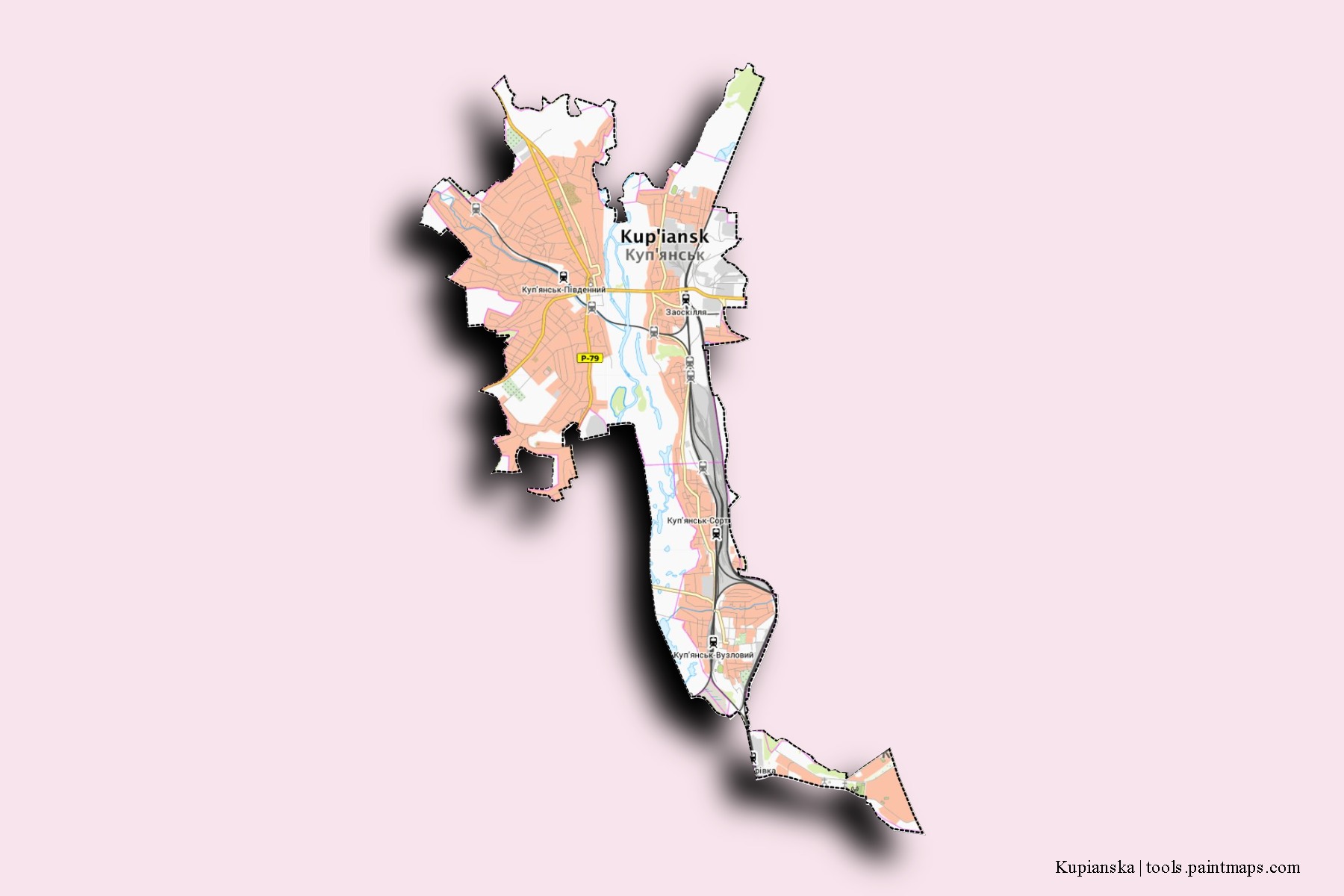 Mapa de barrios y pueblos de Kupianska con efecto de sombra 3D