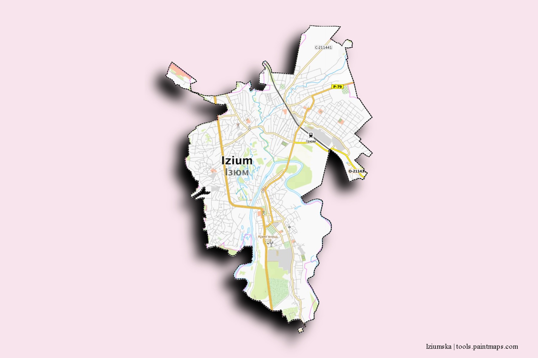 Mapa de barrios y pueblos de Iziumska con efecto de sombra 3D