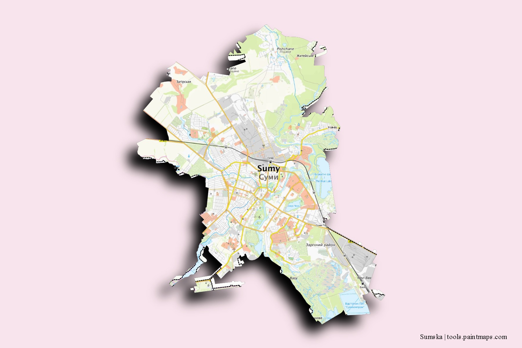 Mapa de barrios y pueblos de Sumska con efecto de sombra 3D