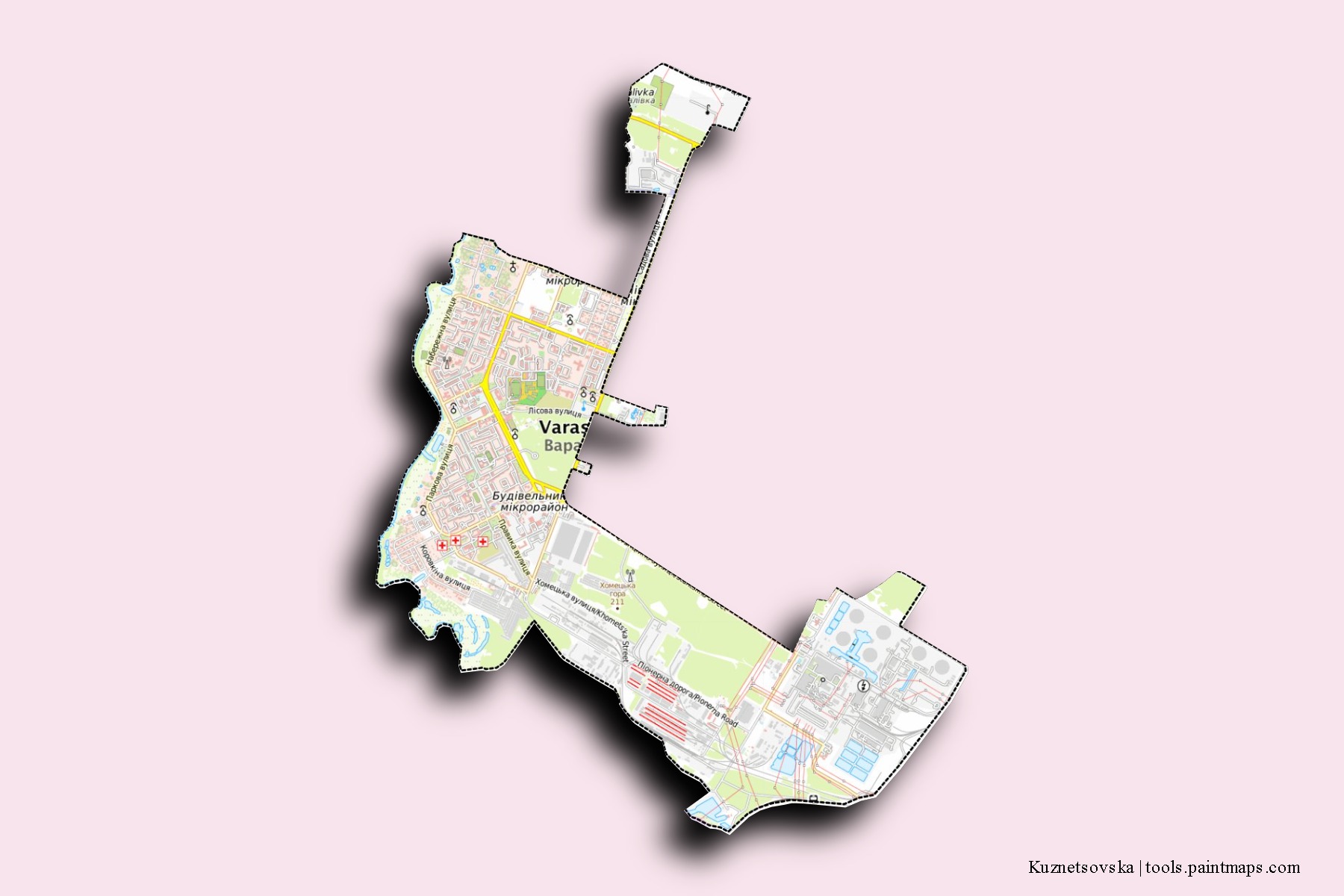 Mapa de barrios y pueblos de Kuznetsovska con efecto de sombra 3D