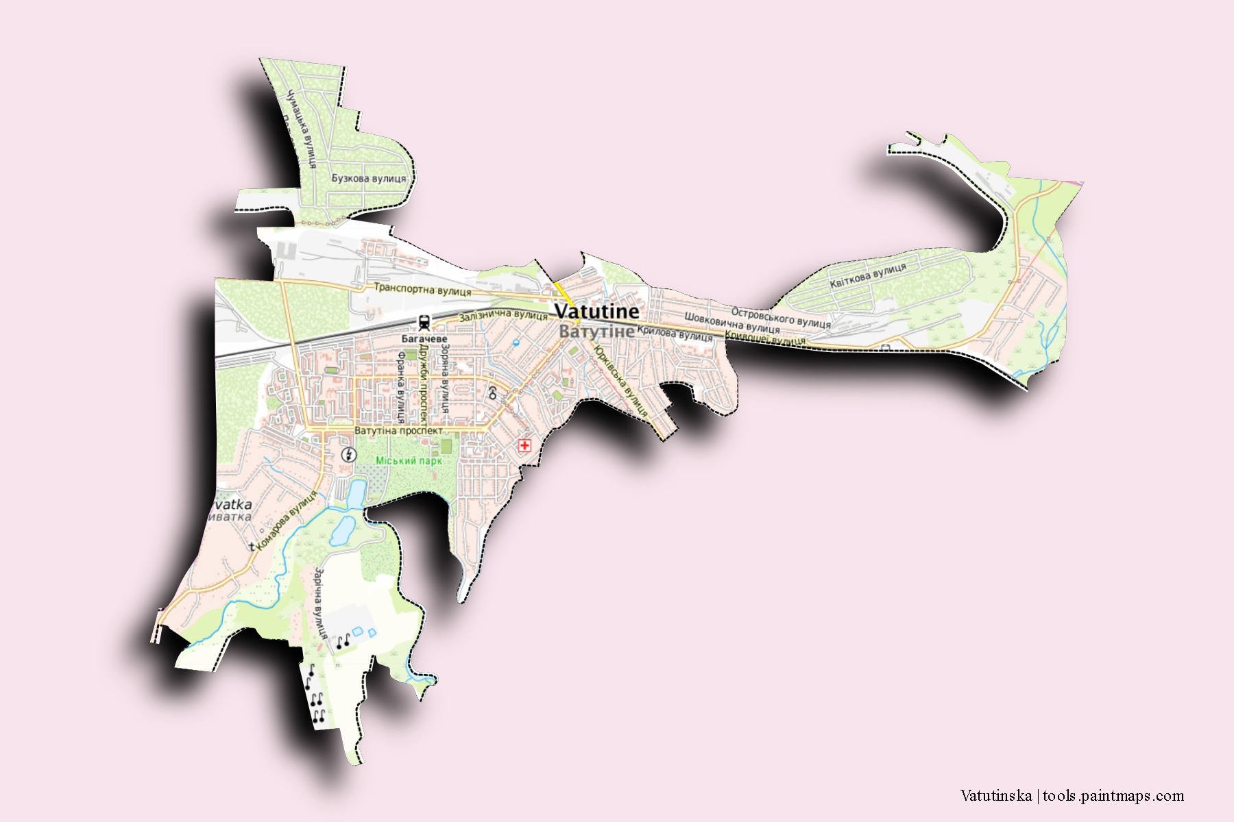 Mapa de barrios y pueblos de Vatutinska con efecto de sombra 3D