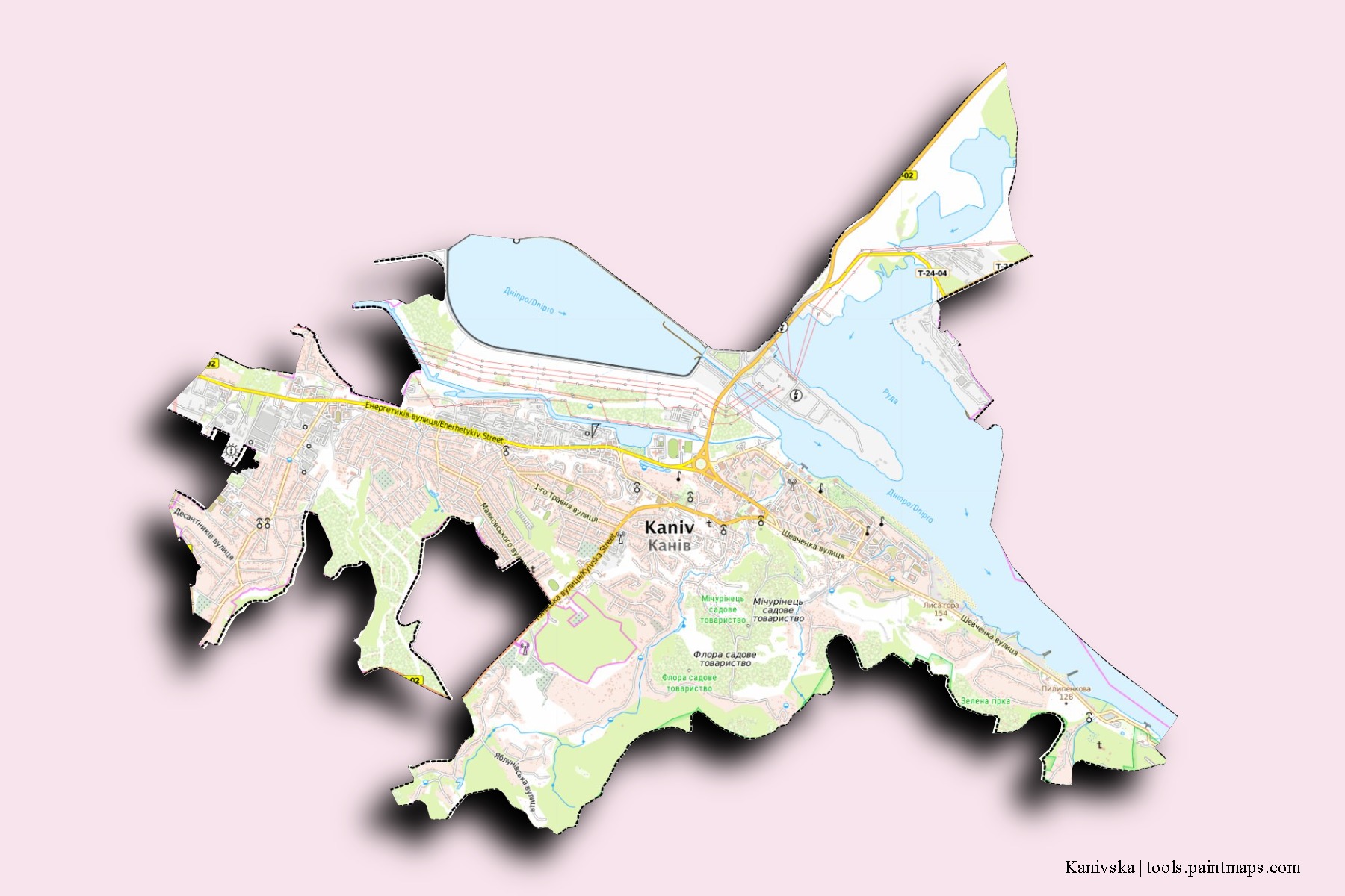 Mapa de barrios y pueblos de Kanivska con efecto de sombra 3D