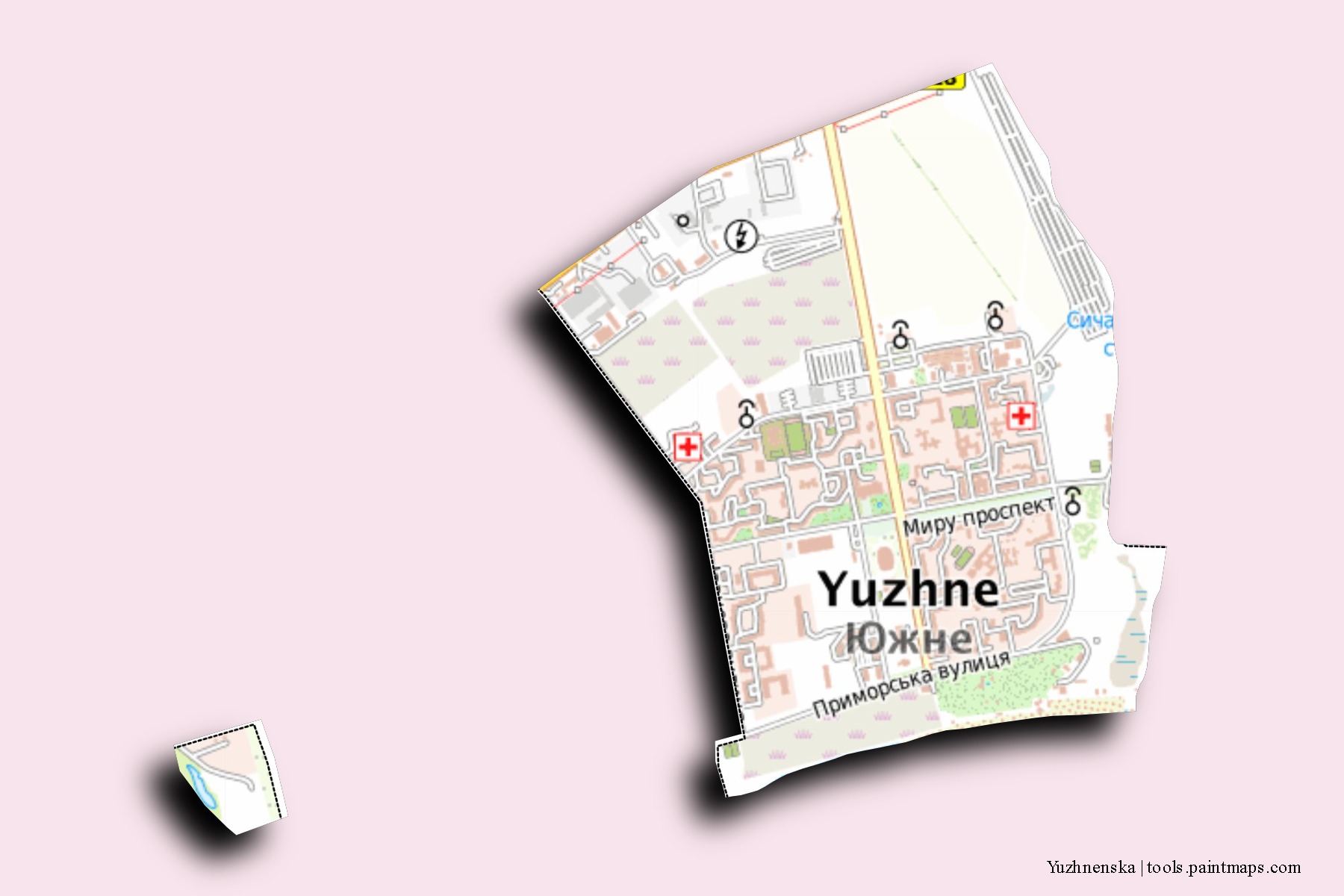 Yuzhnenska neighborhoods and villages map with 3D shadow effect