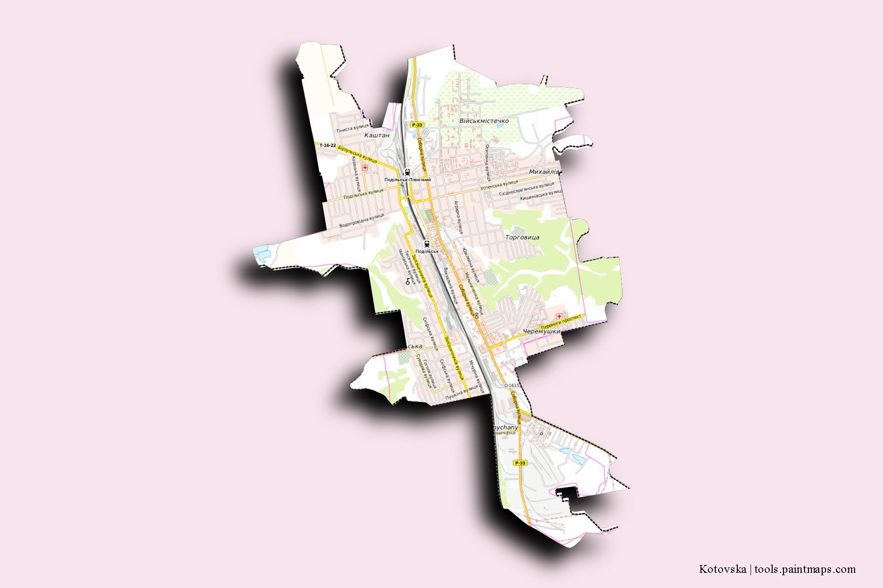 Mapa de barrios y pueblos de Kotovska con efecto de sombra 3D