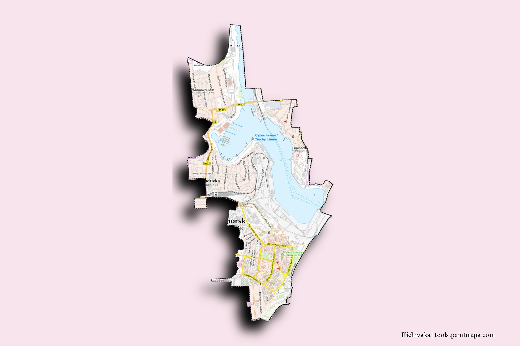 Mapa de barrios y pueblos de Illichivska con efecto de sombra 3D