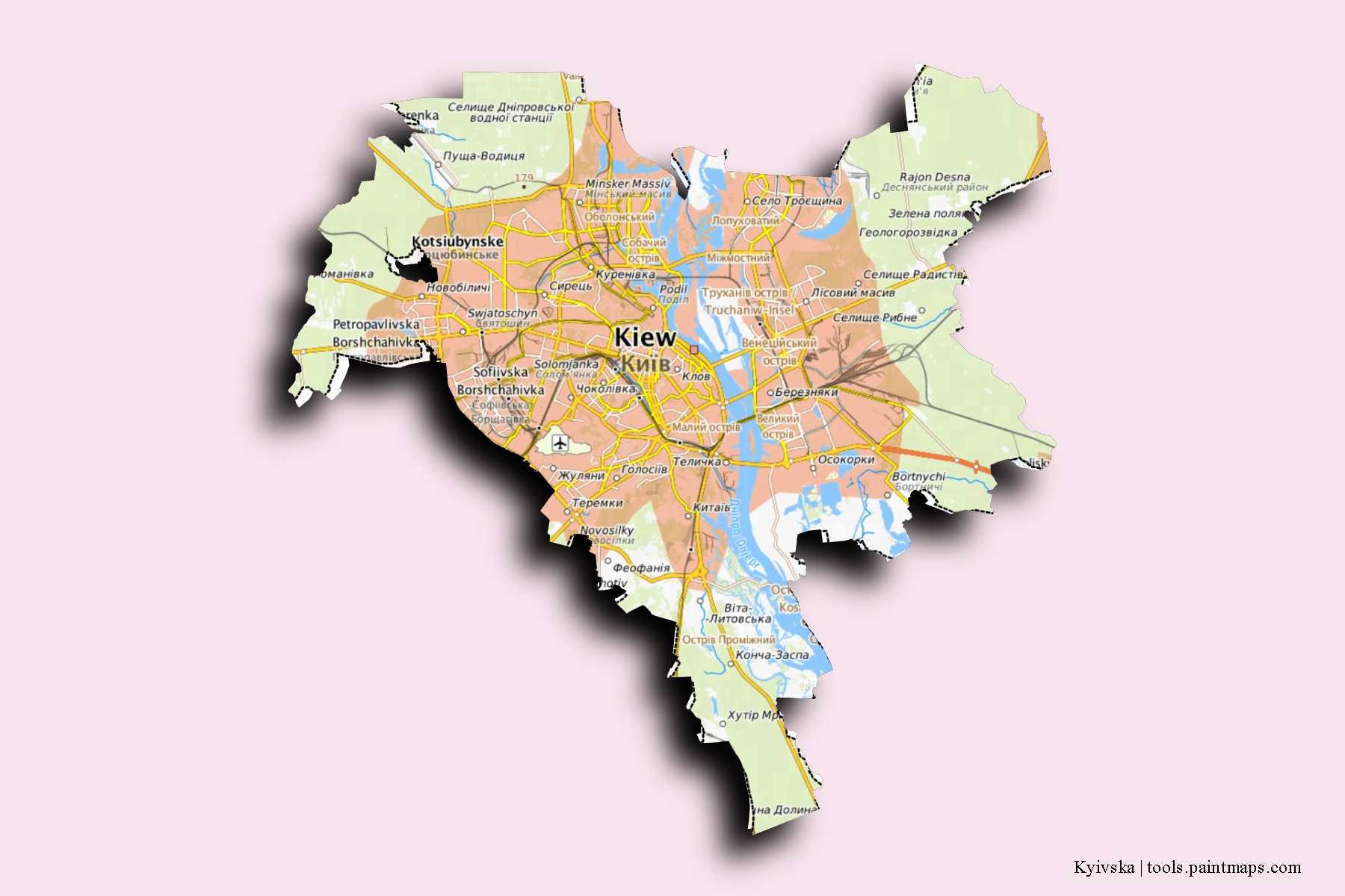 Mapa de barrios y pueblos de Kyivska con efecto de sombra 3D