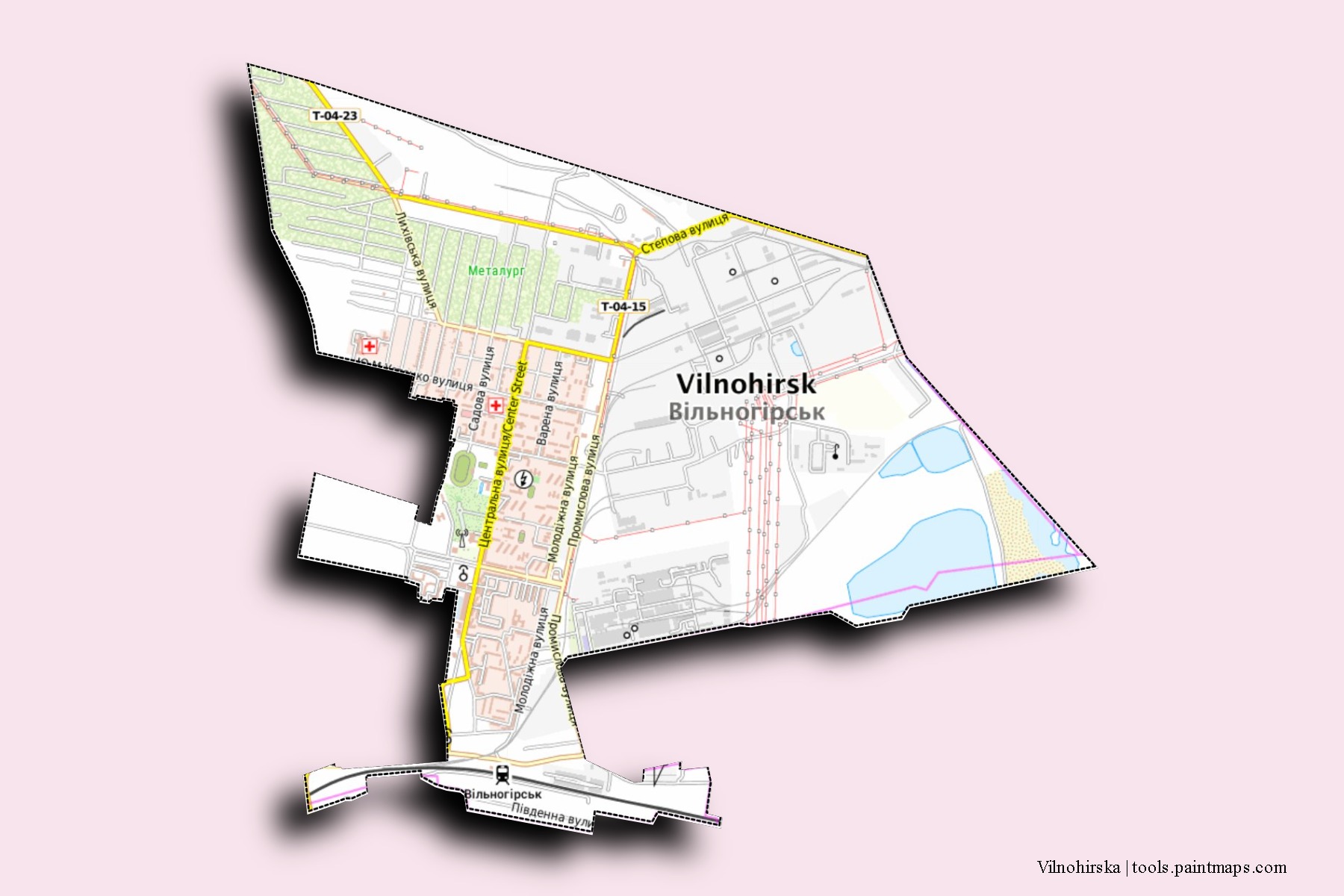 Mapa de barrios y pueblos de Vilnohirska con efecto de sombra 3D