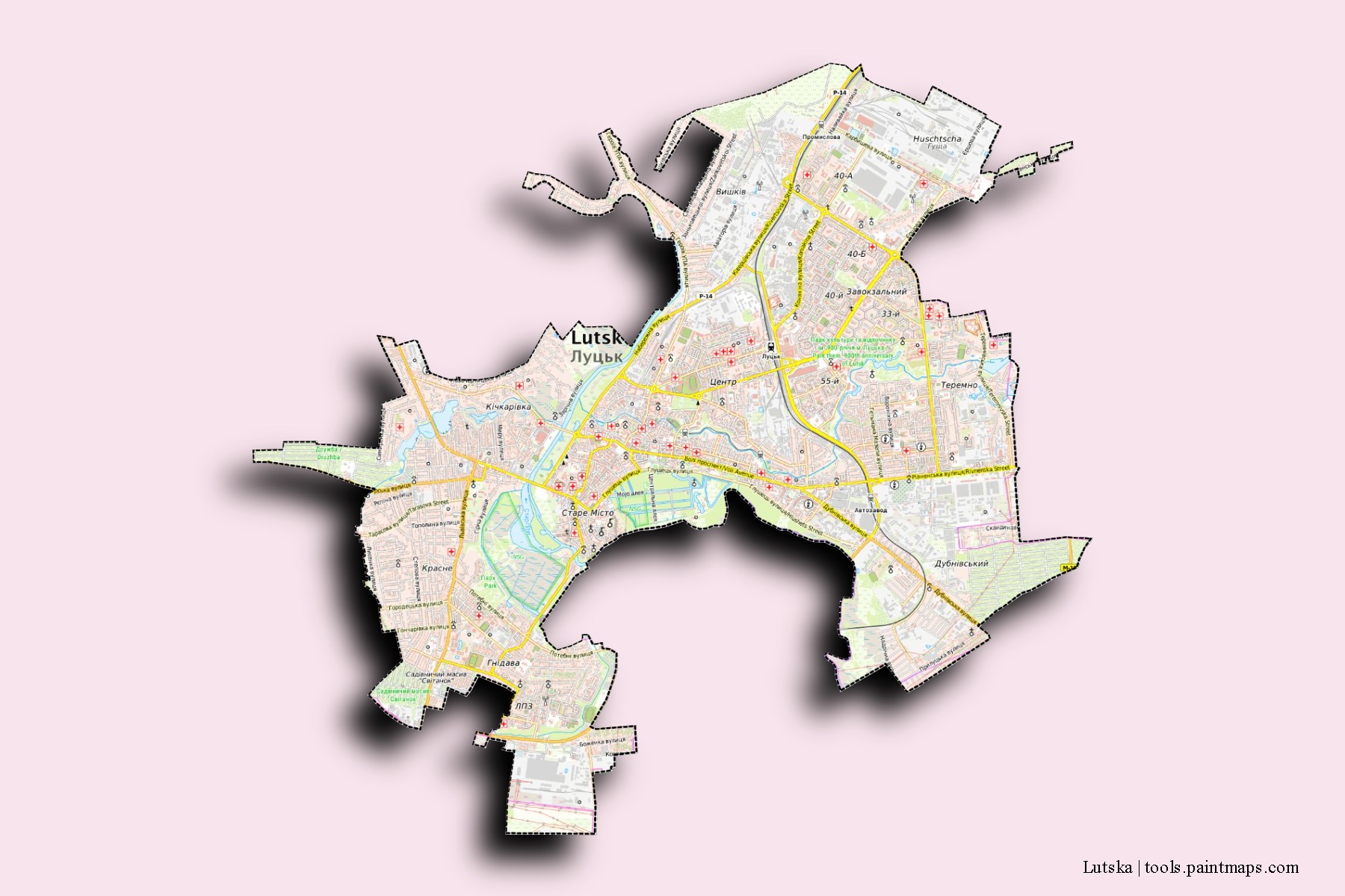 Mapa de barrios y pueblos de Lutska con efecto de sombra 3D