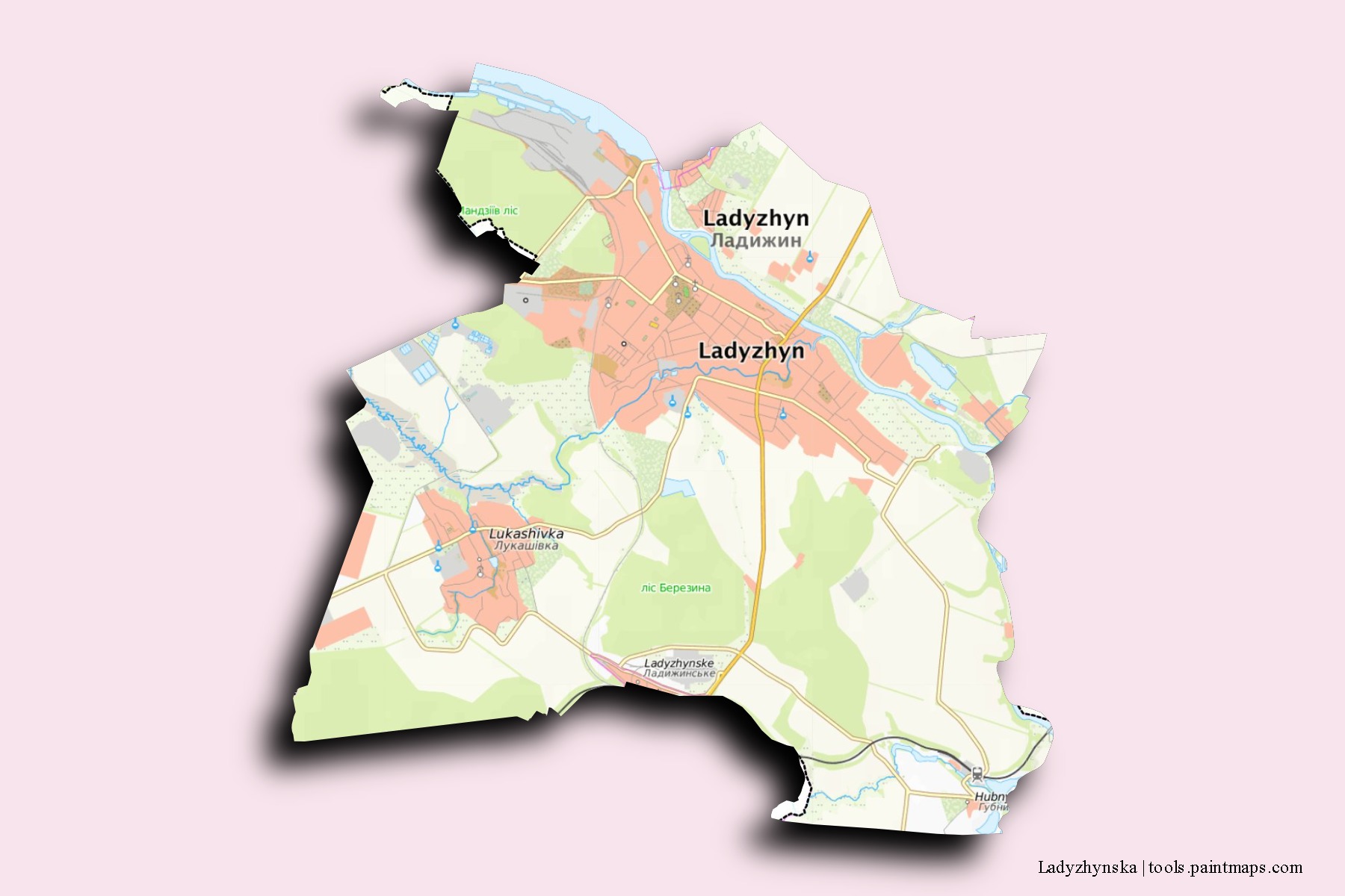 Mapa de barrios y pueblos de Ladyzhynska con efecto de sombra 3D