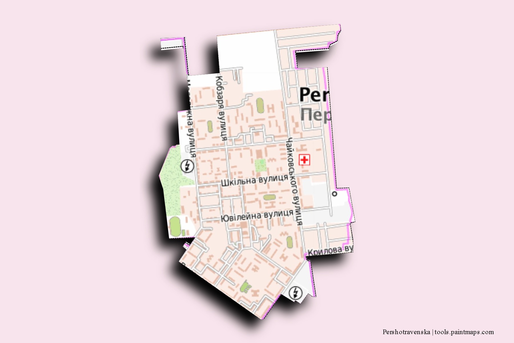 Mapa de barrios y pueblos de Pershotravenska con efecto de sombra 3D