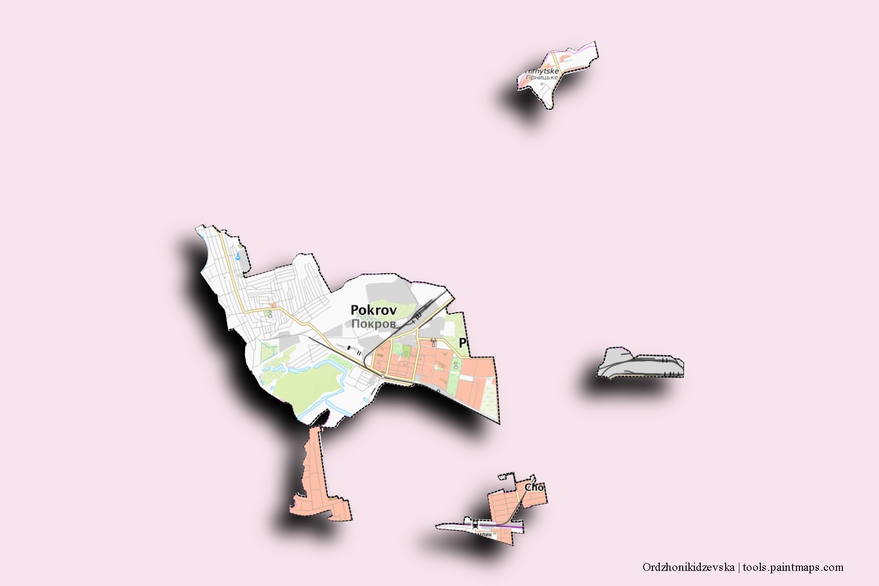 Mapa de barrios y pueblos de Ordzhonikidzevska con efecto de sombra 3D