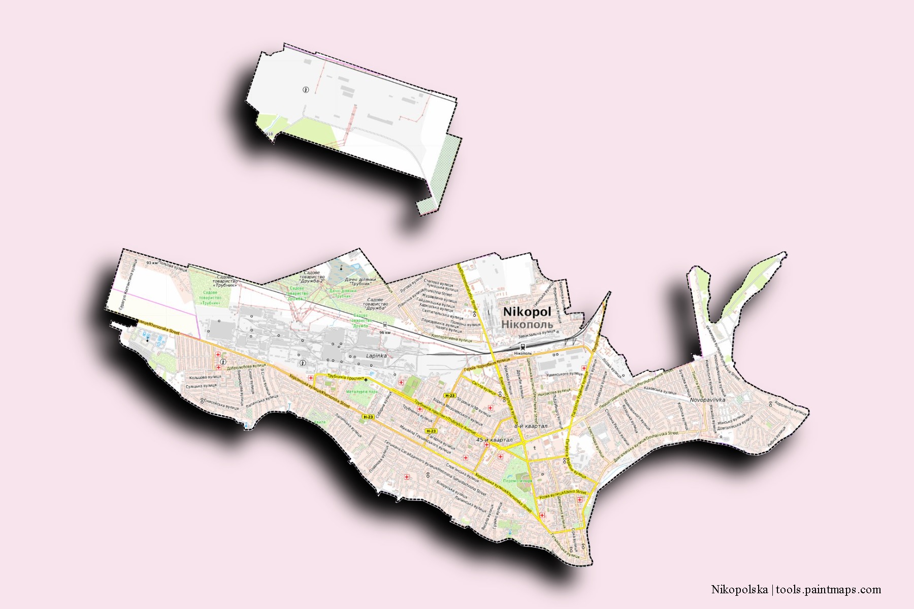 Mapa de barrios y pueblos de Nikopolska con efecto de sombra 3D