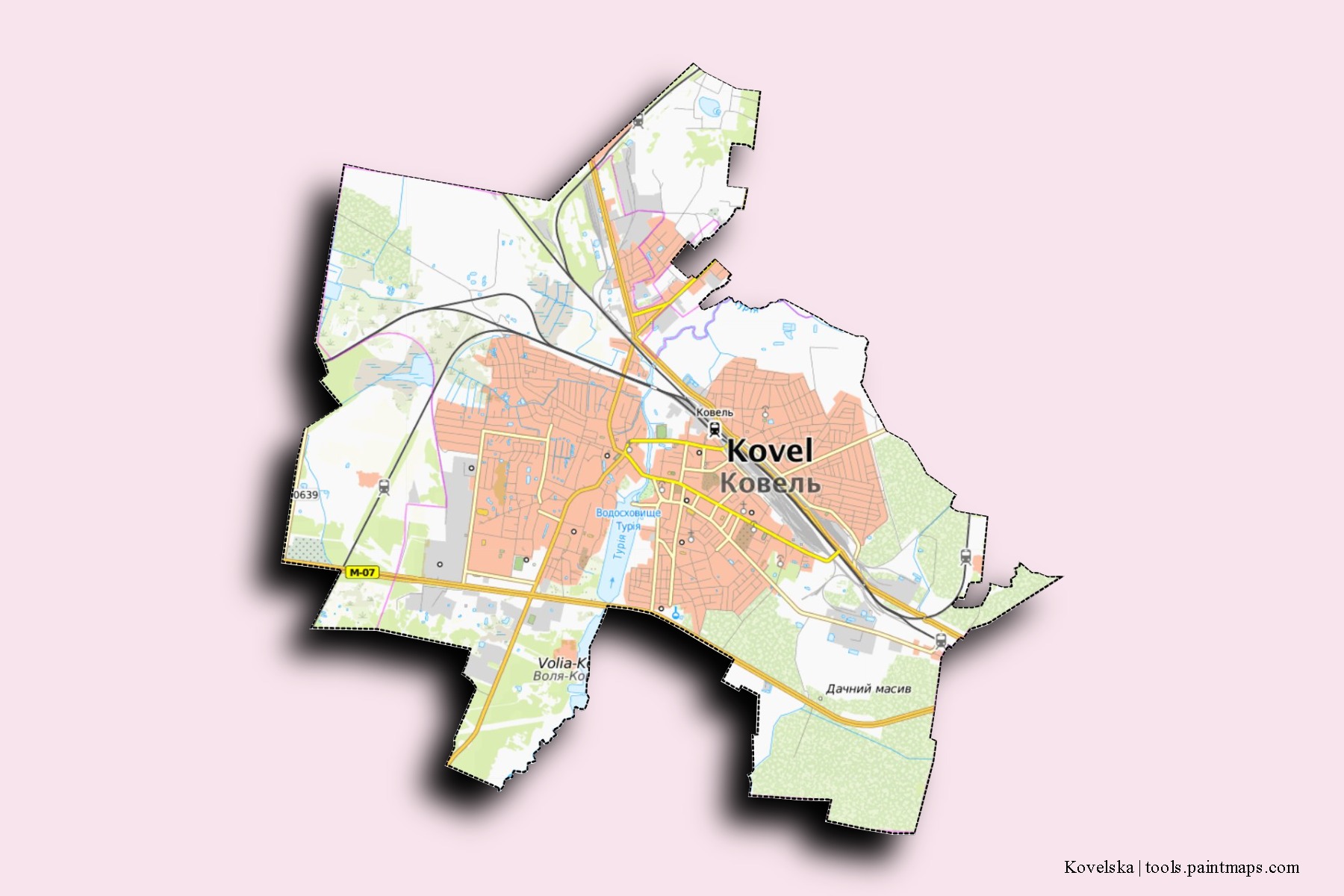 Mapa de barrios y pueblos de Kovelska con efecto de sombra 3D