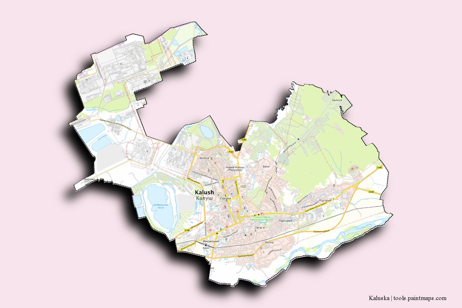 Mapa de barrios y pueblos de Kaluska con efecto de sombra 3D