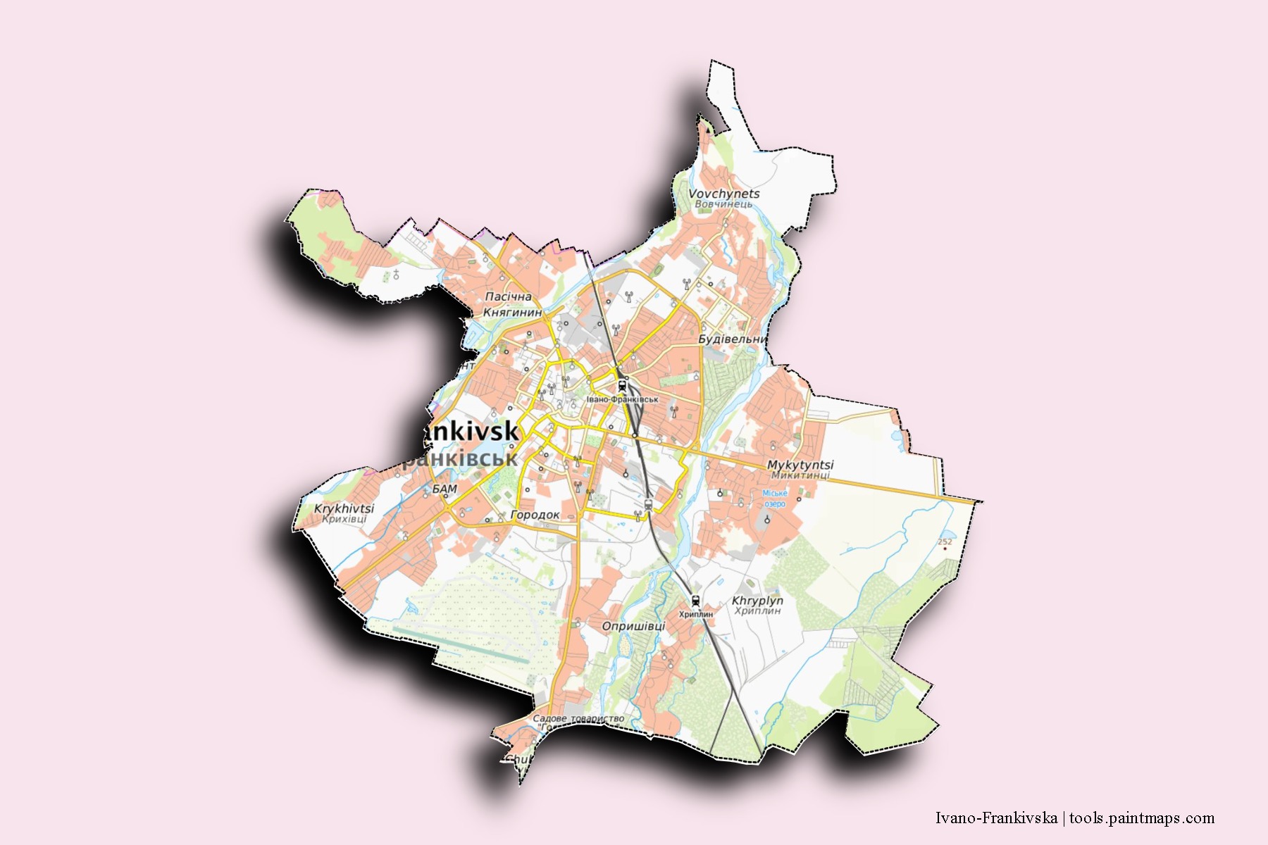 3D gölge efektli İvano-Frankivsk mahalleleri ve köyleri haritası