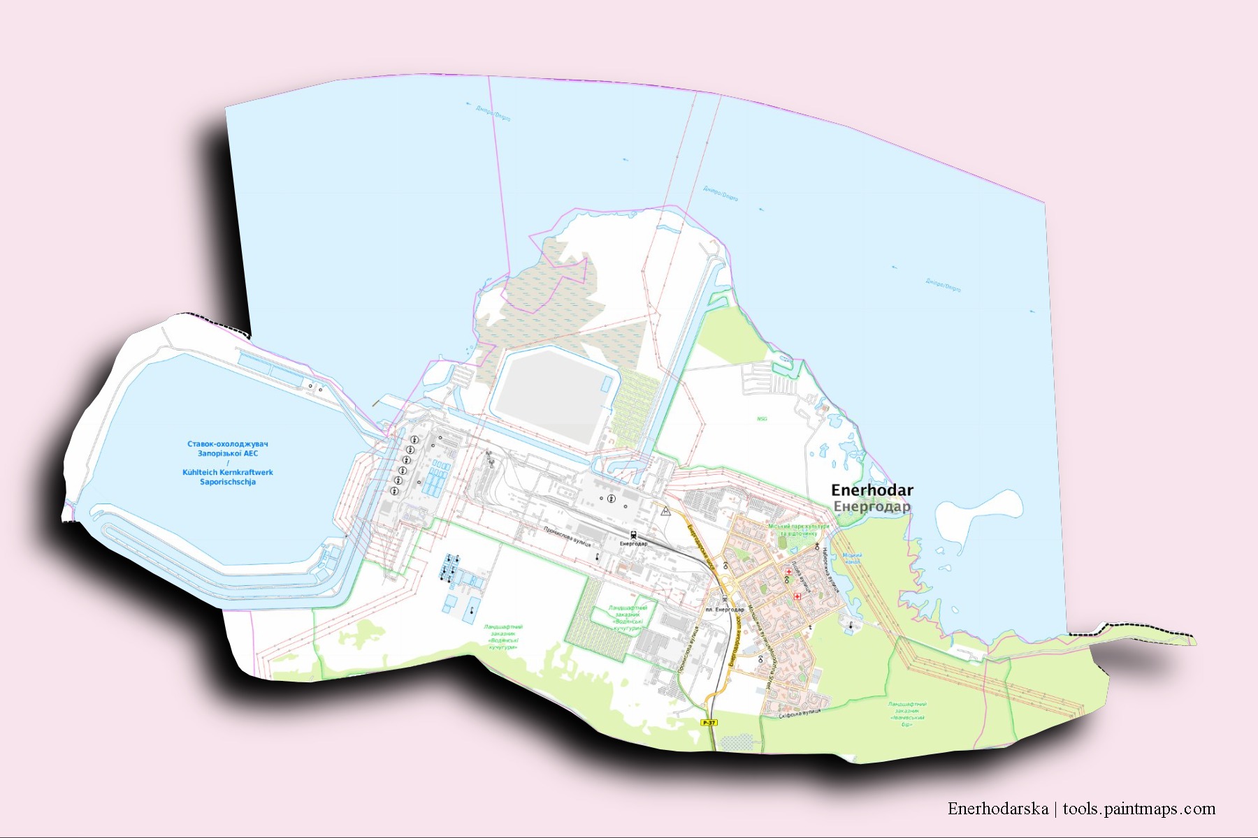 Enerhodarska neighborhoods and villages map with 3D shadow effect