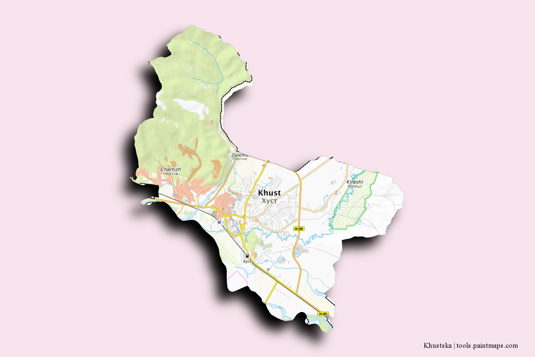 3D gölge efektli Khustska mahalleleri ve köyleri haritası