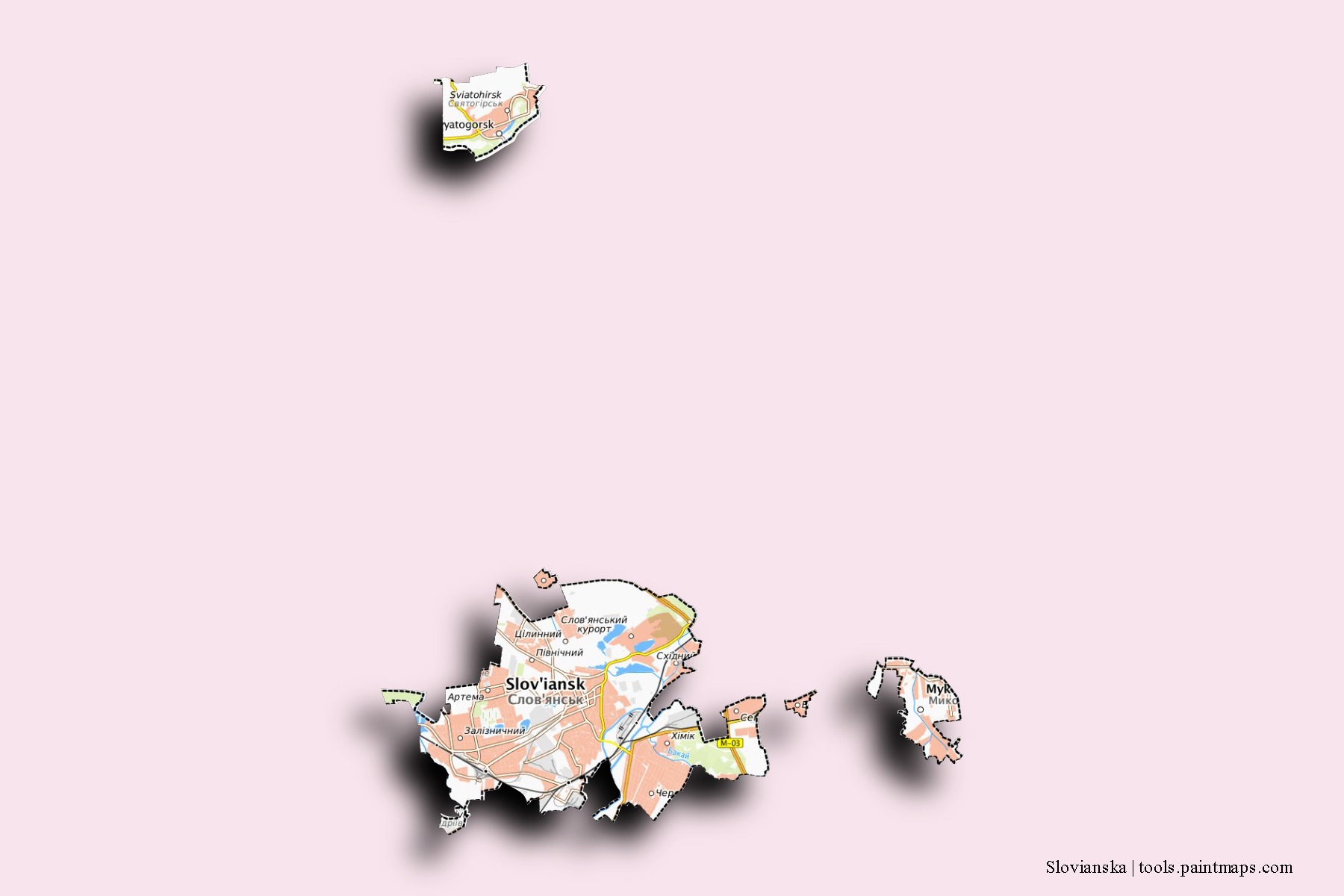 Slovians'ka neighborhoods and villages map with 3D shadow effect