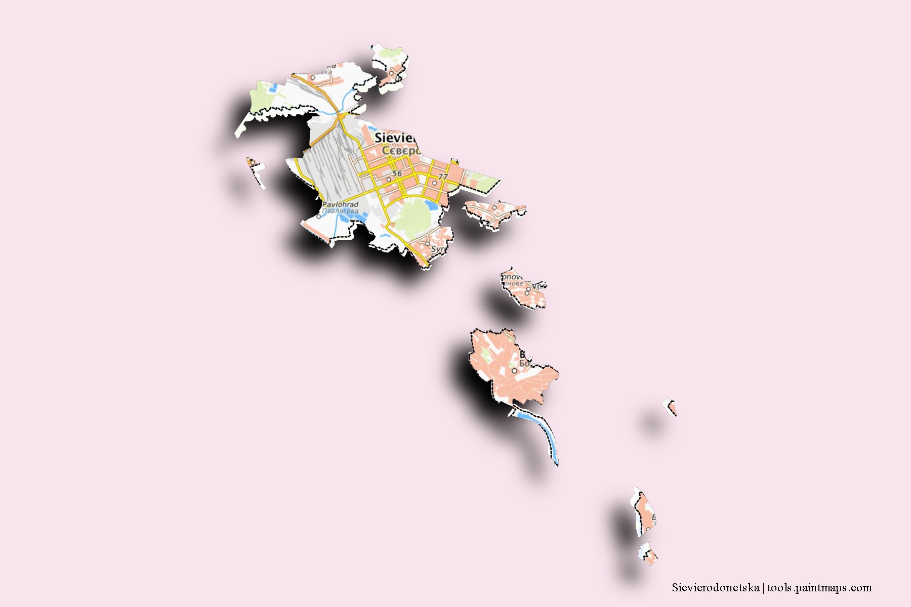 Sieverodonets'ka neighborhoods and villages map with 3D shadow effect