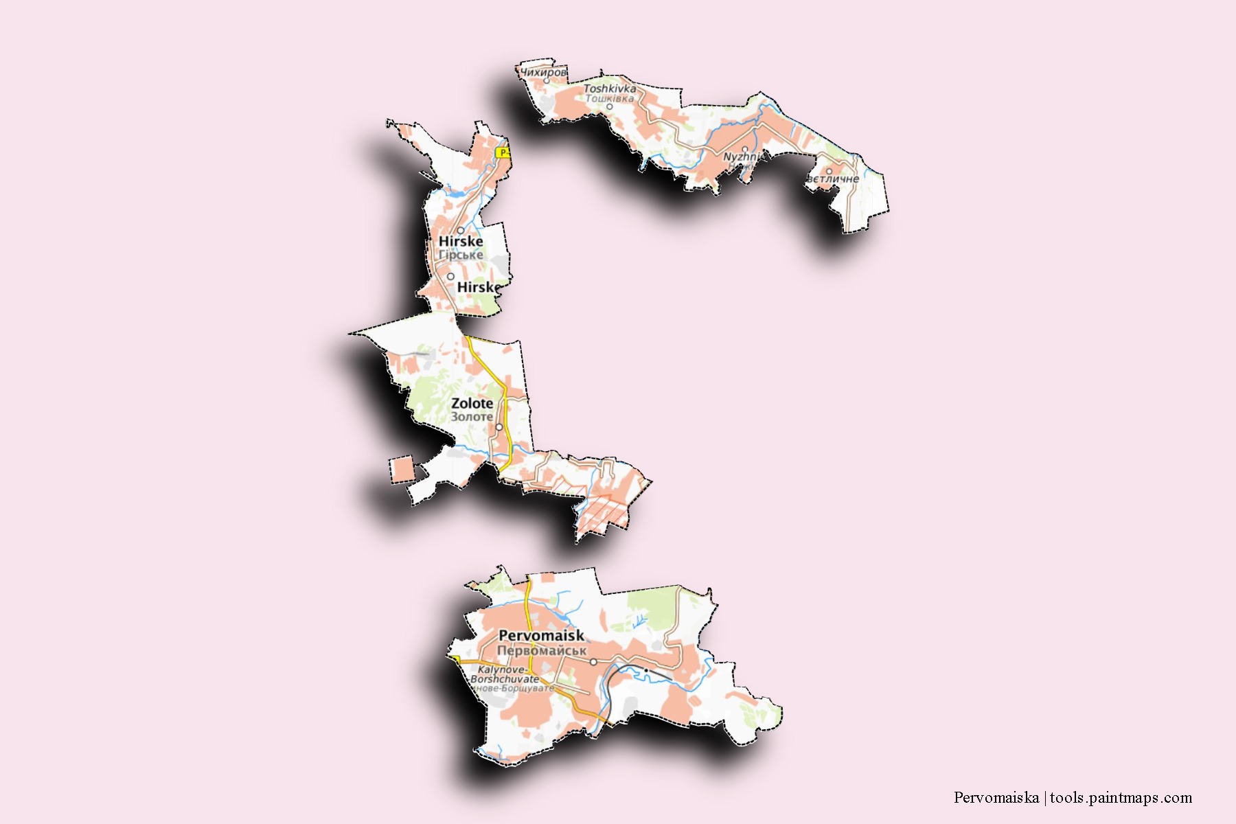 Mapa de barrios y pueblos de Pervomaiska con efecto de sombra 3D