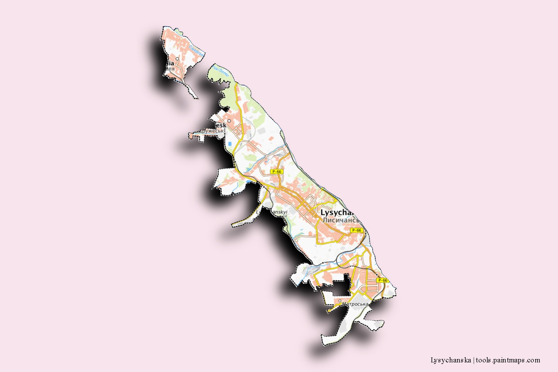 Mapa de barrios y pueblos de Lysychanska con efecto de sombra 3D