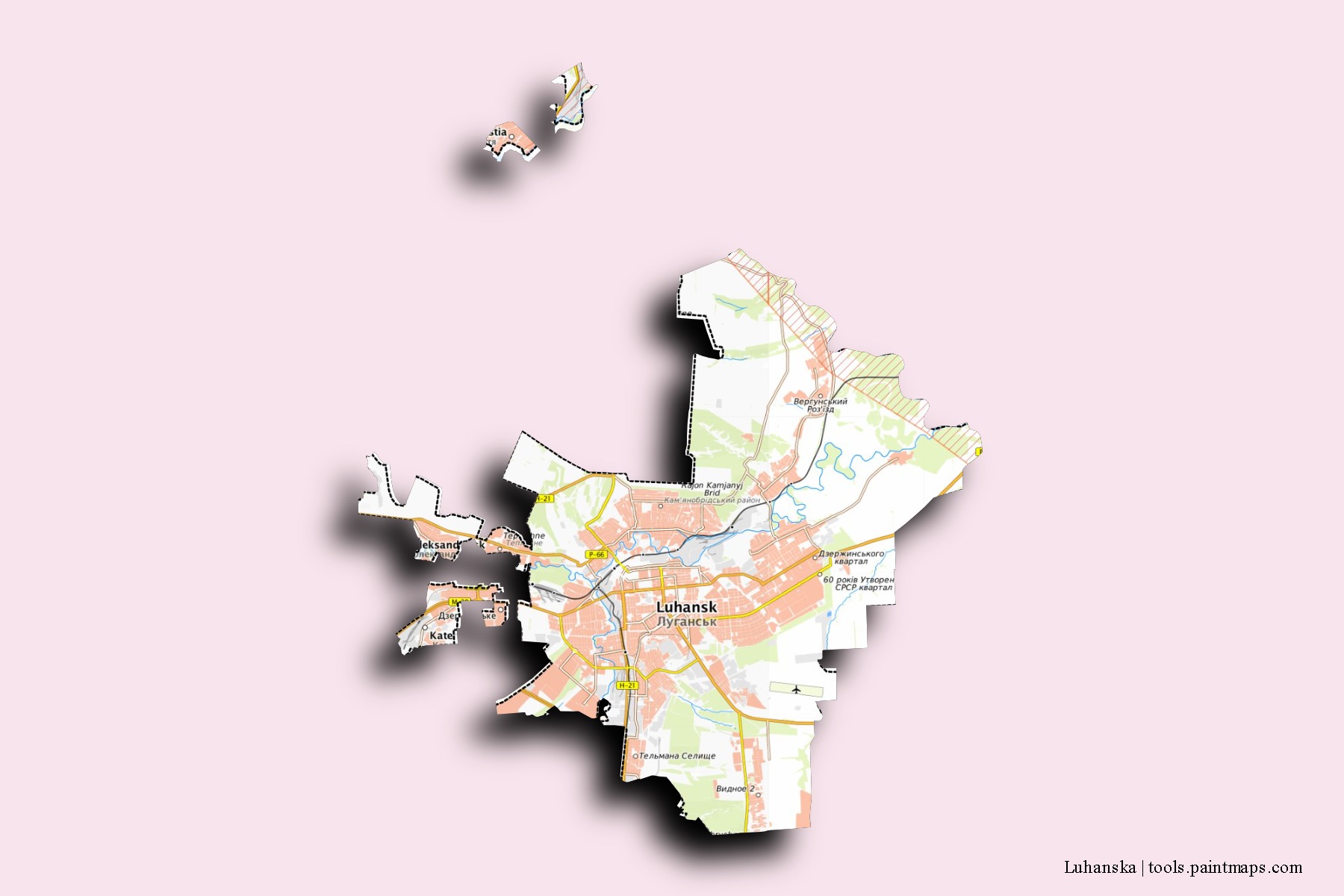 3D gölge efektli Luhanska mahalleleri ve köyleri haritası