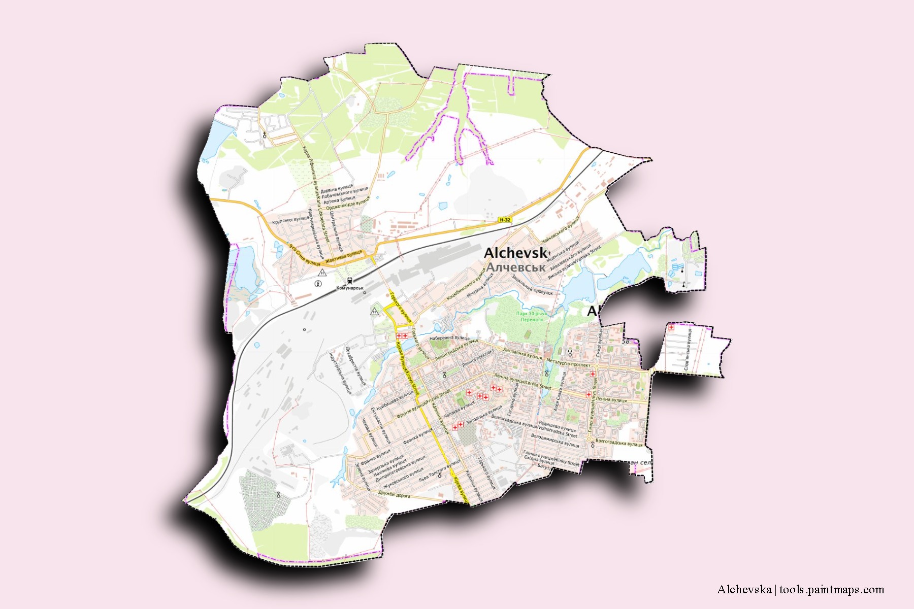 Mapa de barrios y pueblos de Alchevska con efecto de sombra 3D