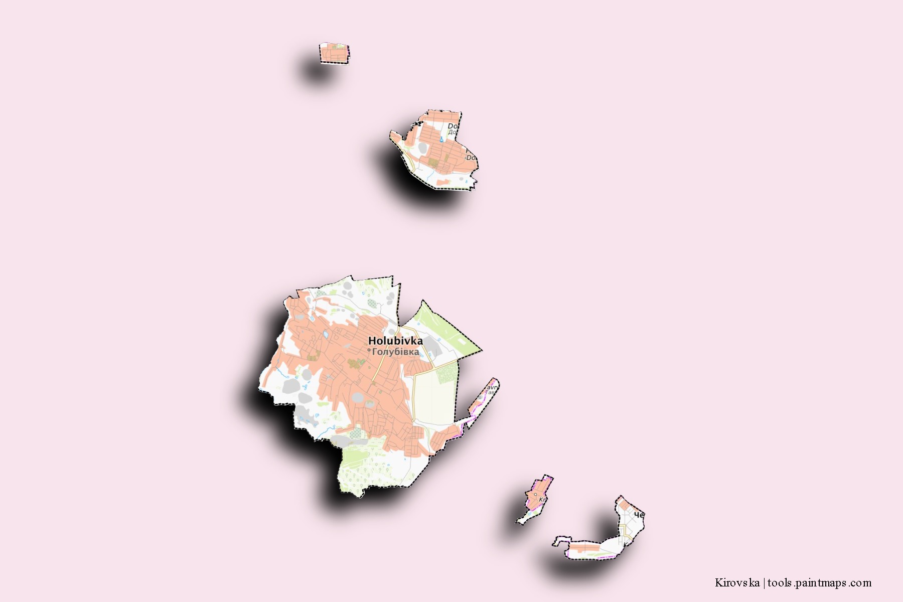 Mapa de barrios y pueblos de Kirovska con efecto de sombra 3D