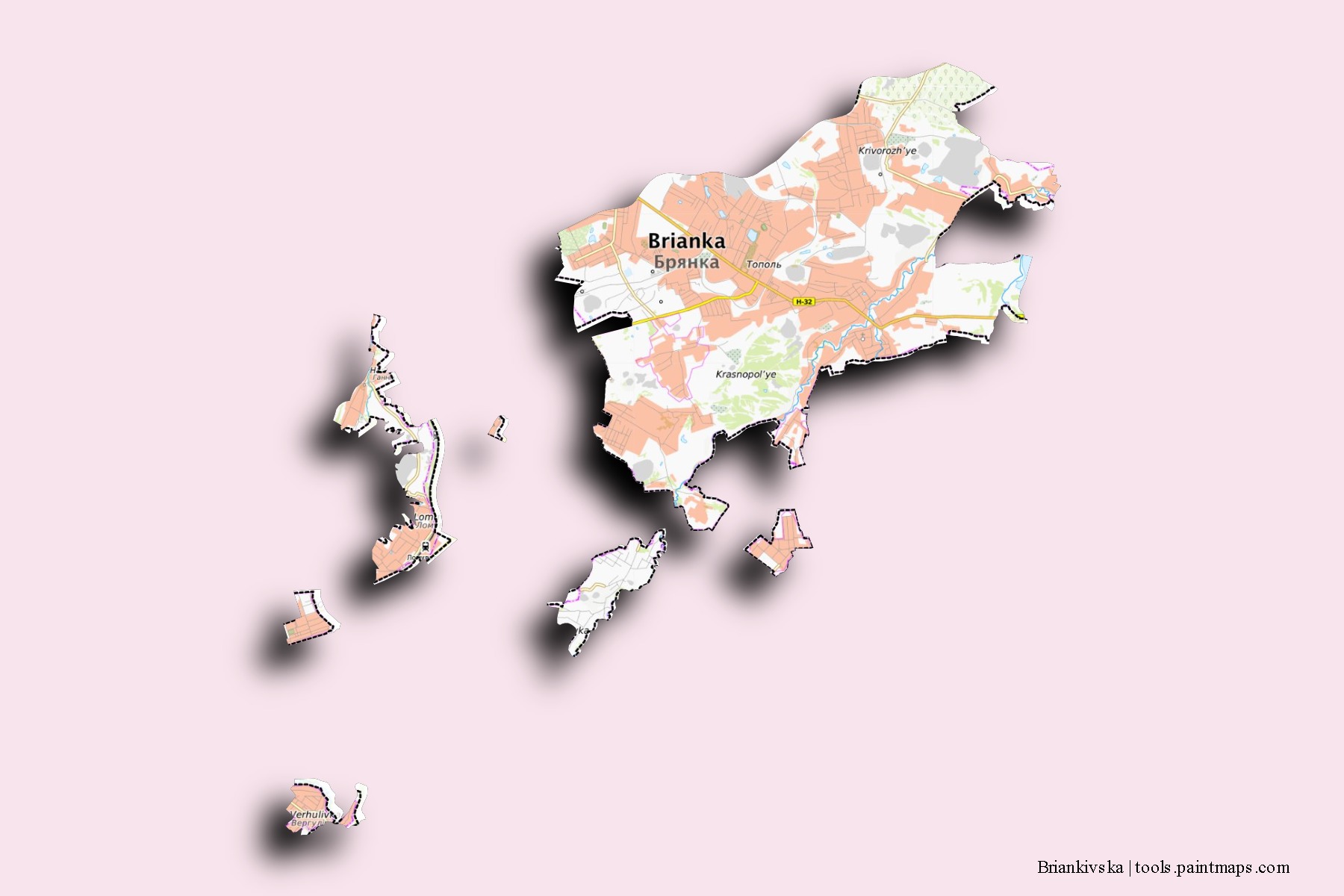 Mapa de barrios y pueblos de Briankivska con efecto de sombra 3D