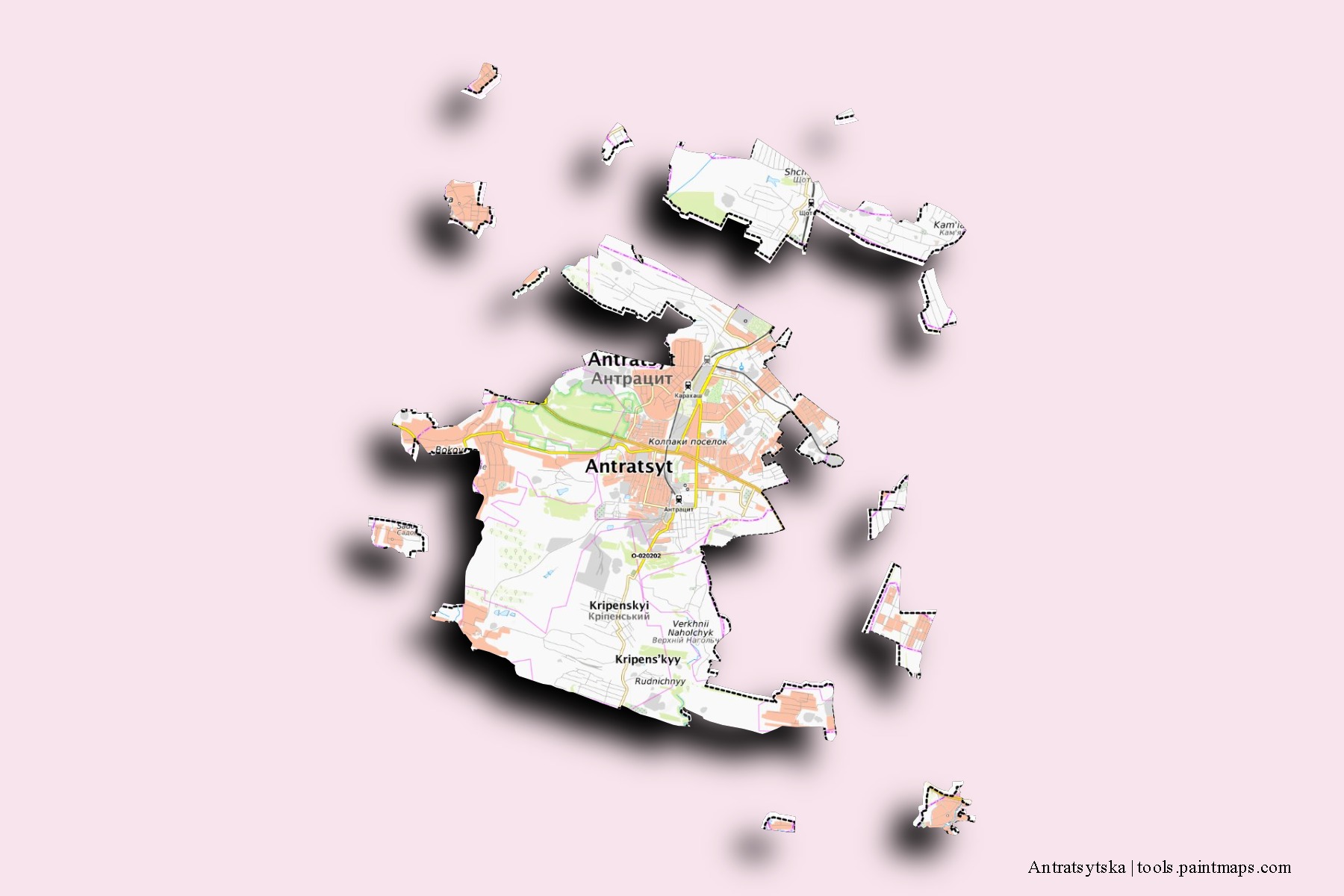 Mapa de barrios y pueblos de Antratsytska con efecto de sombra 3D