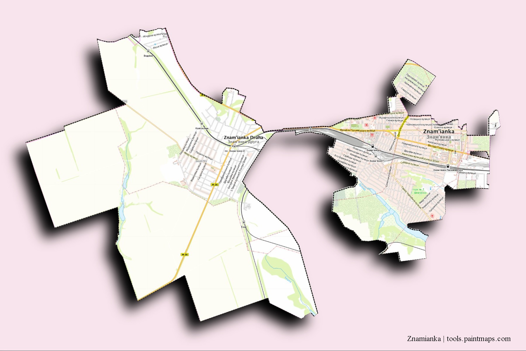 Mapa de barrios y pueblos de Znamianka con efecto de sombra 3D