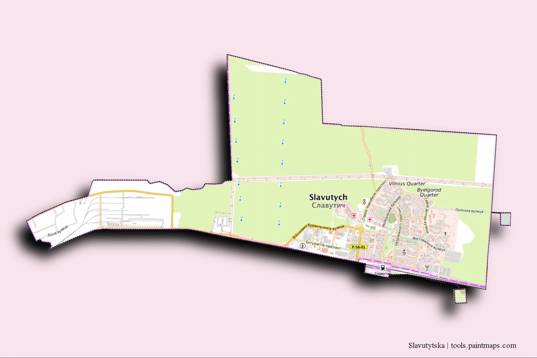 Mapa de barrios y pueblos de Slavutytska con efecto de sombra 3D