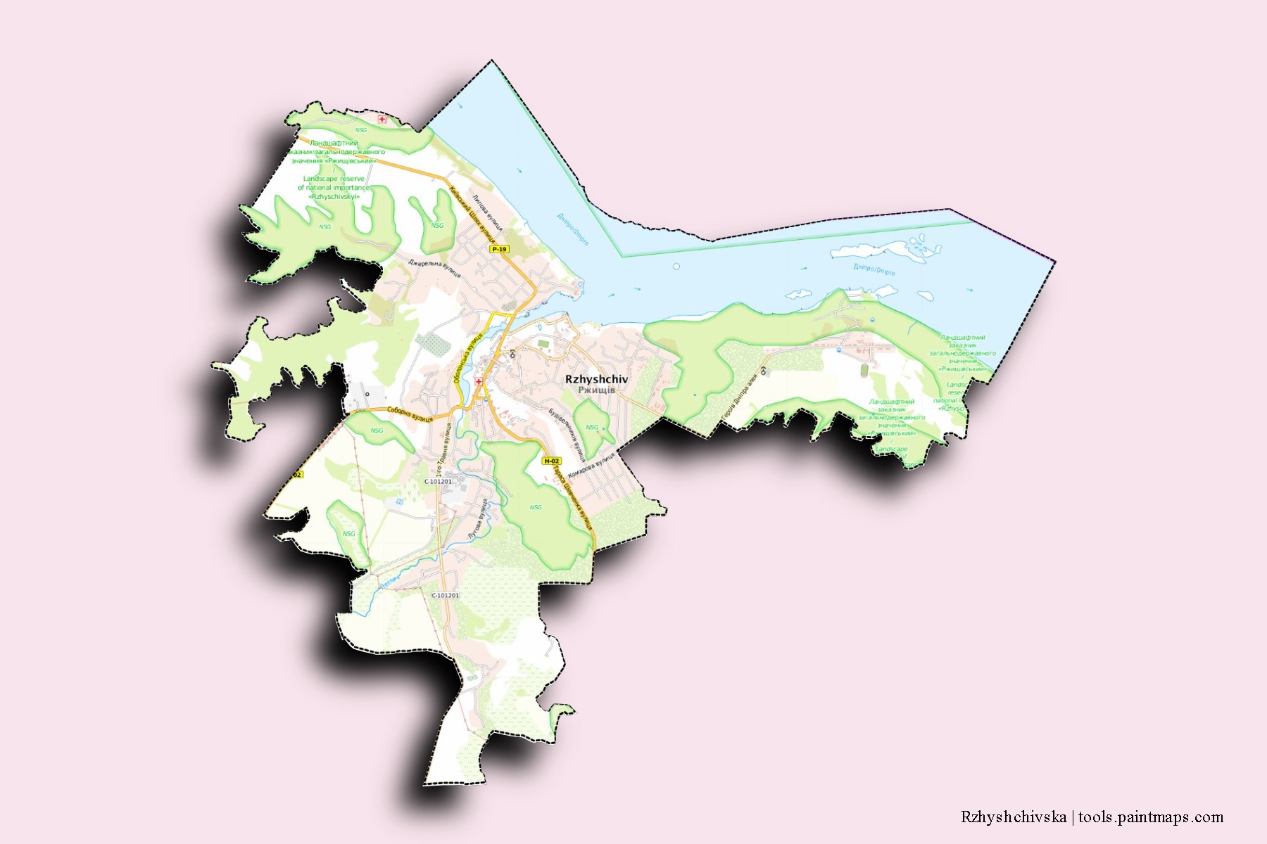 Mapa de barrios y pueblos de Rzhyshchivska con efecto de sombra 3D