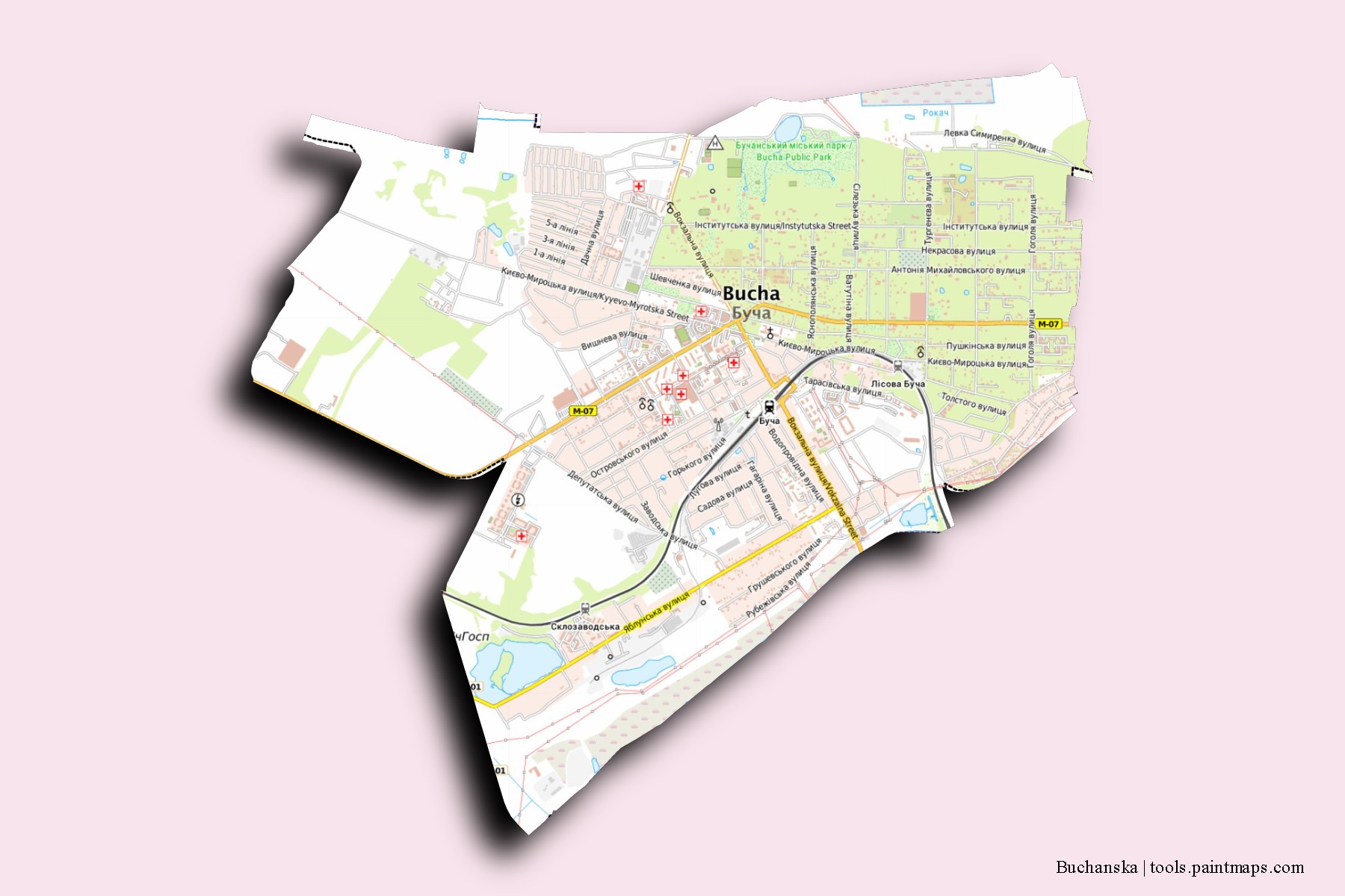 Mapa de barrios y pueblos de Buchanska con efecto de sombra 3D