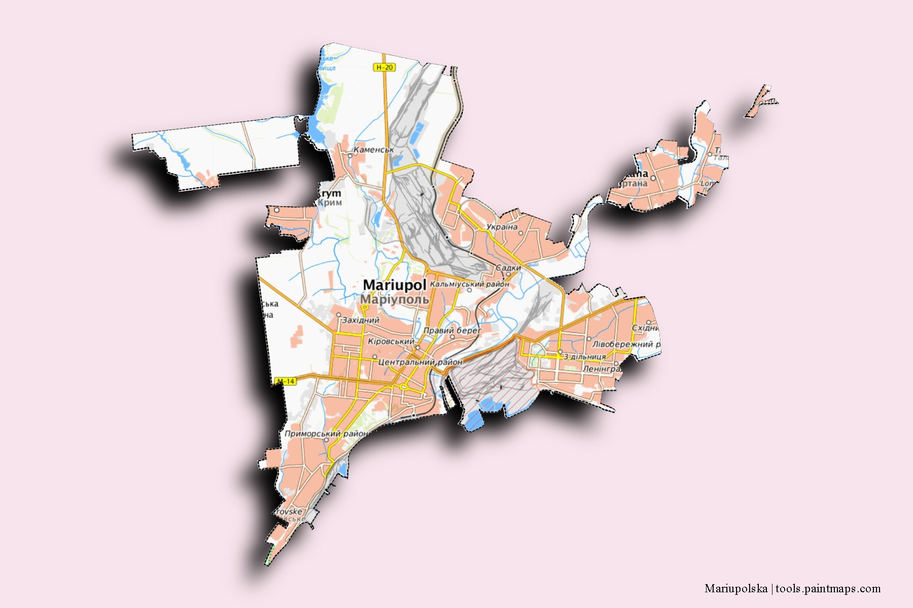 Mariupol's'ka neighborhoods and villages map with 3D shadow effect